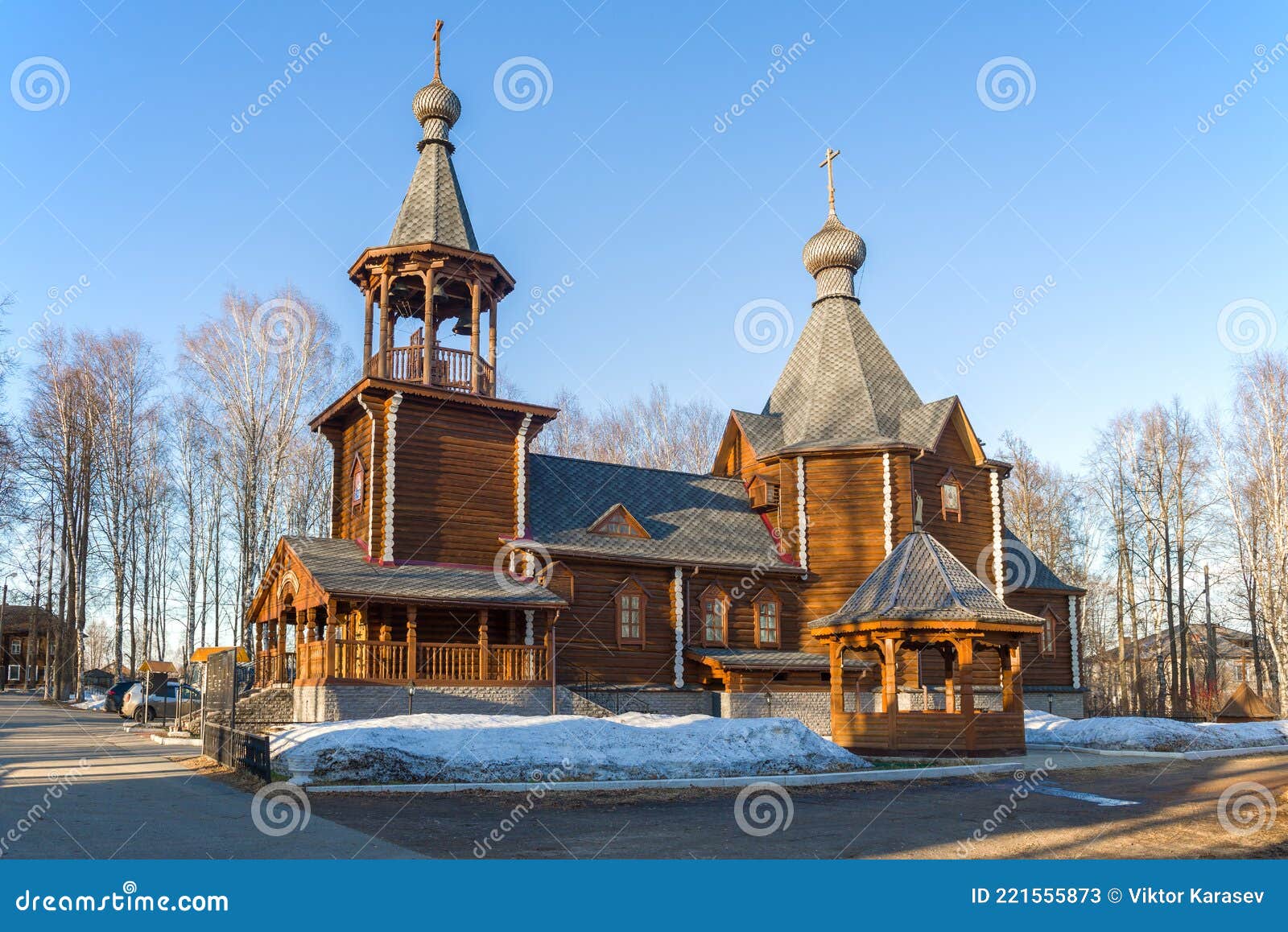 wooden st. nicholas church, april day. sharya