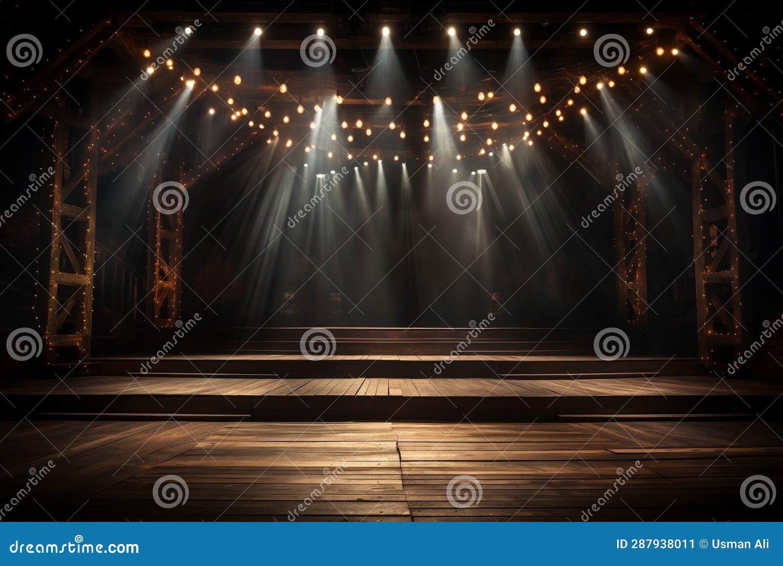 Wooden Stage and Lights. a Captivating Performance Setting Stock 