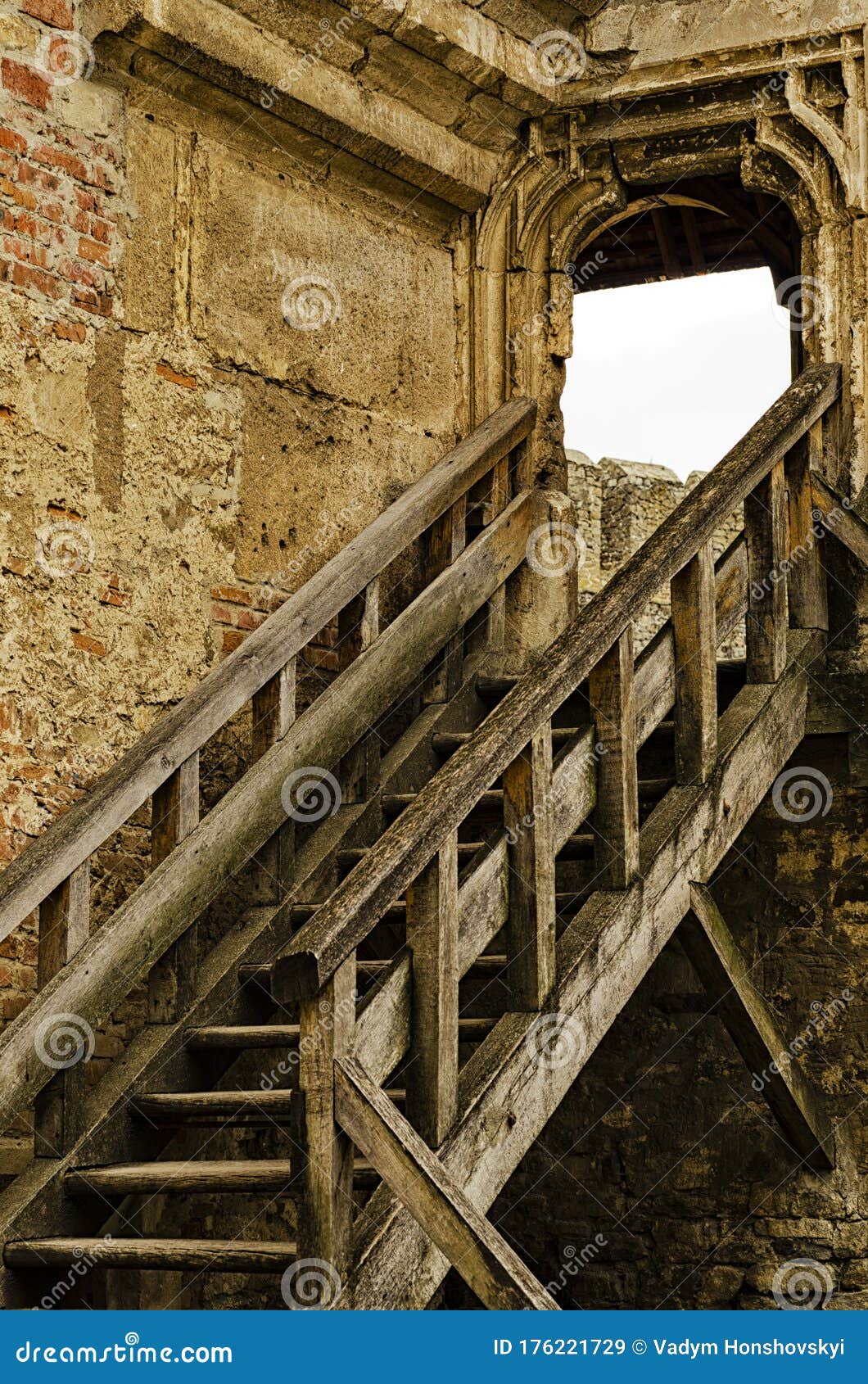Wooden Staircase of an Old Castle, Handmade Stock Image - Image of