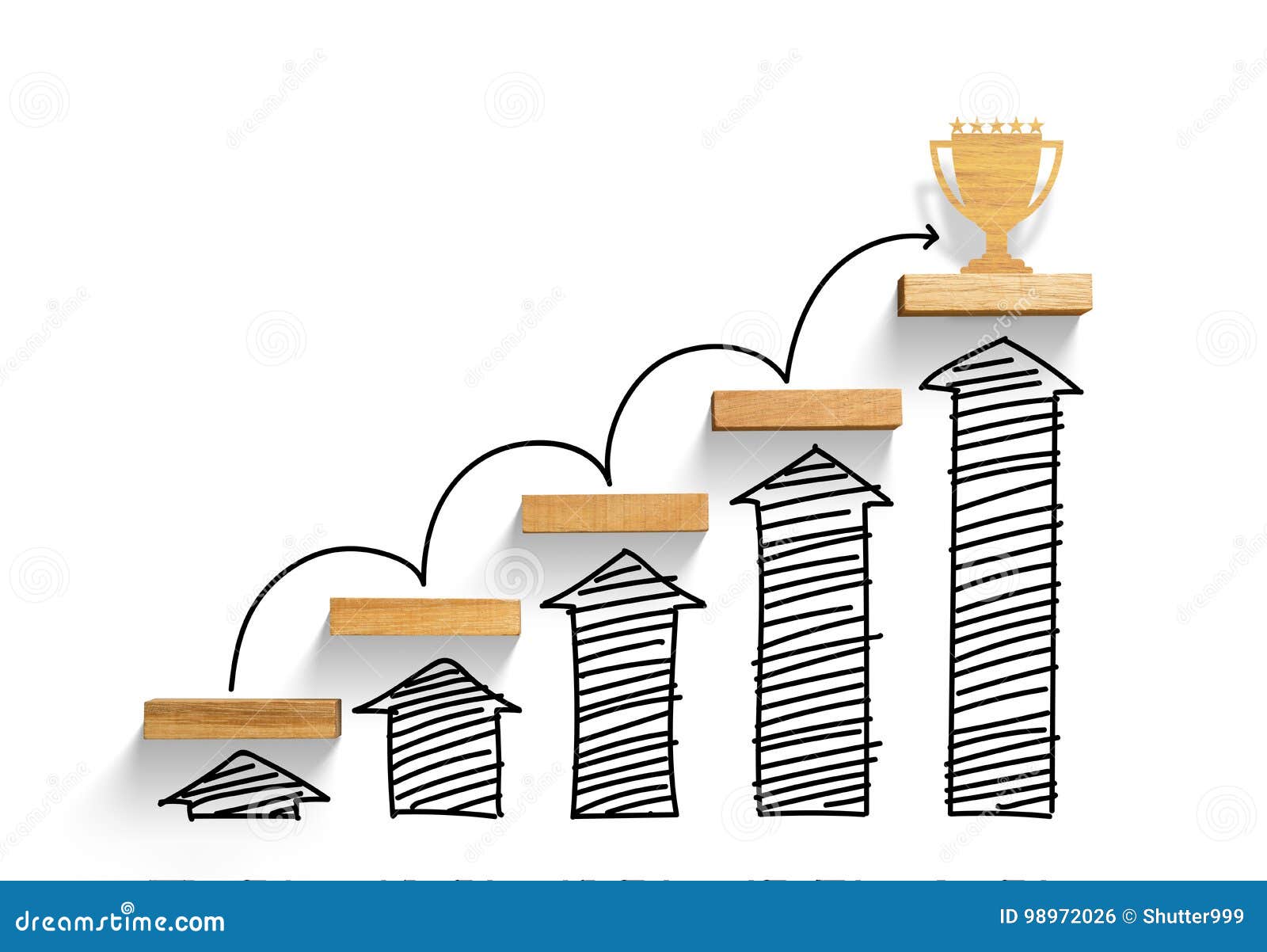 wooden staircase to reach goal and win trophy with increase graph and arrow