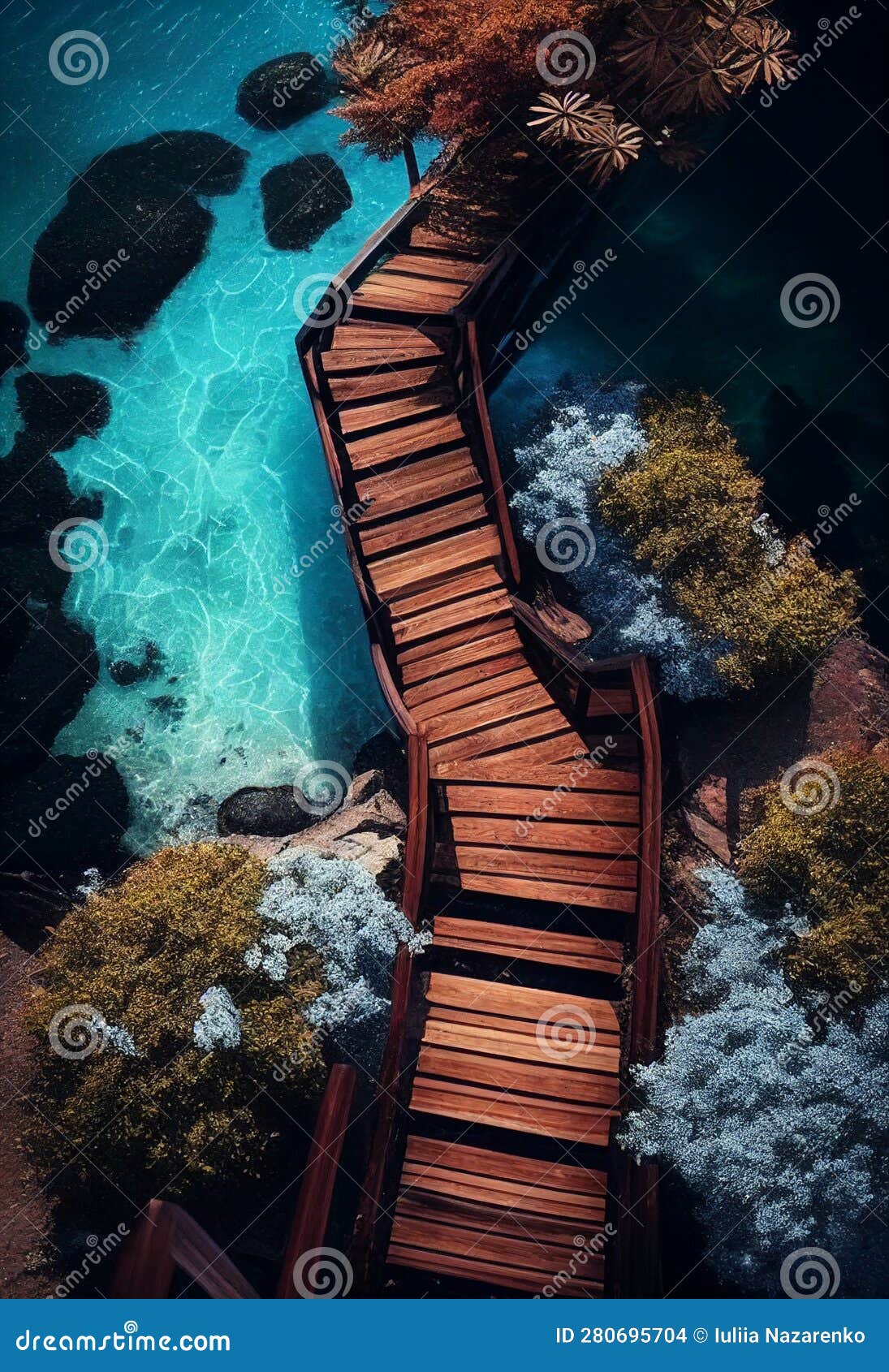 Wooden Steps Lead To Ocean. AI Generated Stock Illustration
