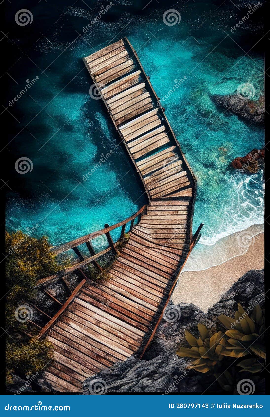 Wooden Steps Lead To Ocean. AI Generated Stock Illustration
