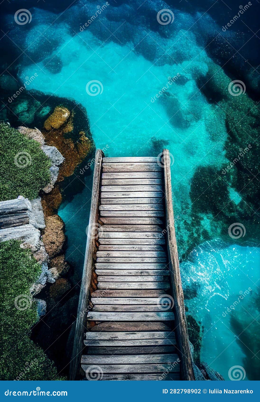 Wooden Steps Lead To Ocean. AI Generated Stock Illustration