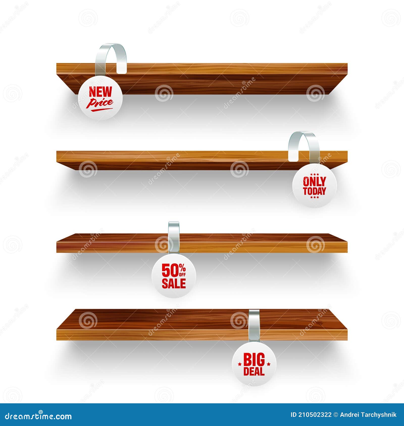 Wooden store shelves and supermarket promotional wobblers isolated on white background. Product shelf with advertising wobbler. Grocery wall rack. Sale or discount price tag. Vector illustration