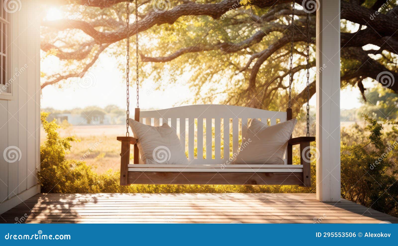 Wooden Swing with Pillows in the Sun. 3d Rendering Generative AI Stock