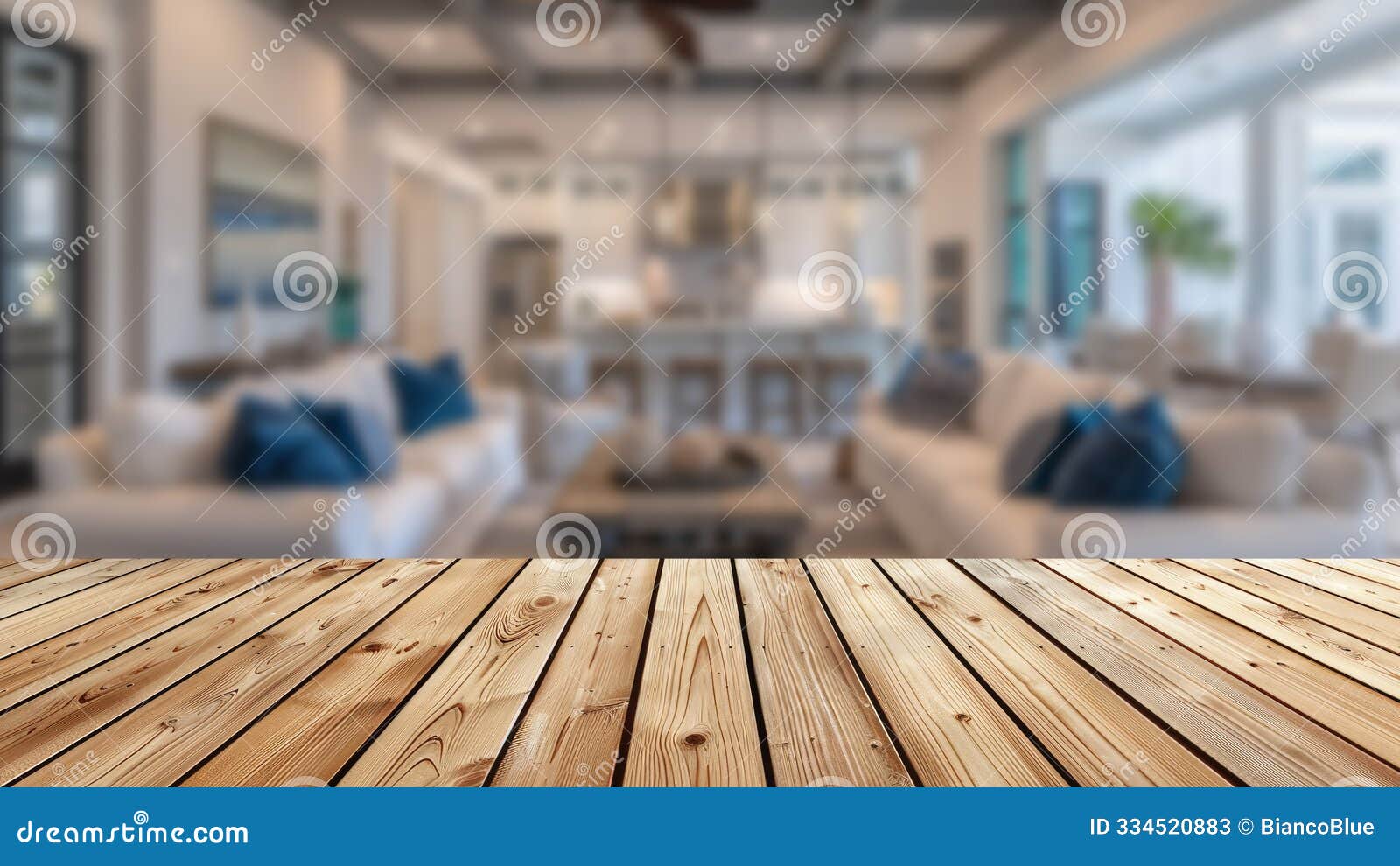 wooden table with blurred coastal living room and ocean view.