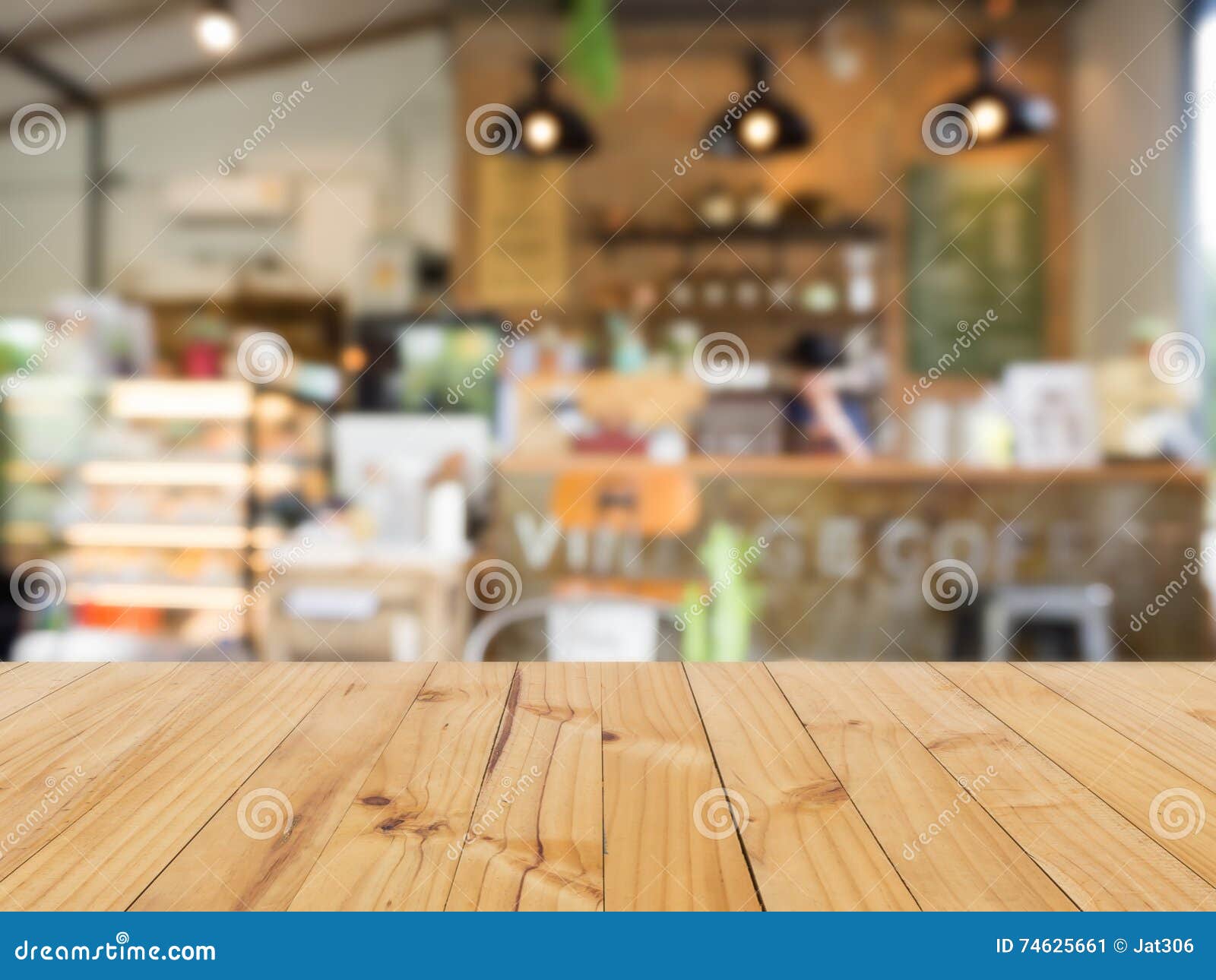 Wooden Table with Blurred Coffee Shop Stock Image Image of food
