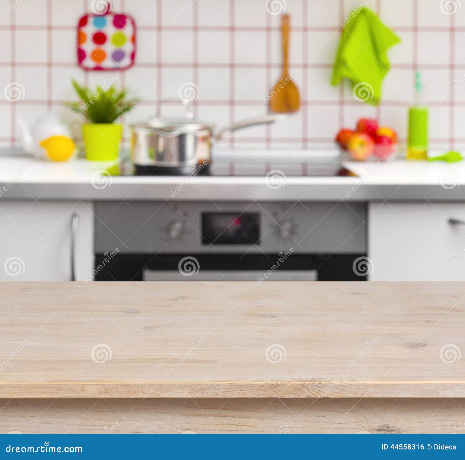 Wooden Table On Blurred Kitchen Bench Background Stock Photo