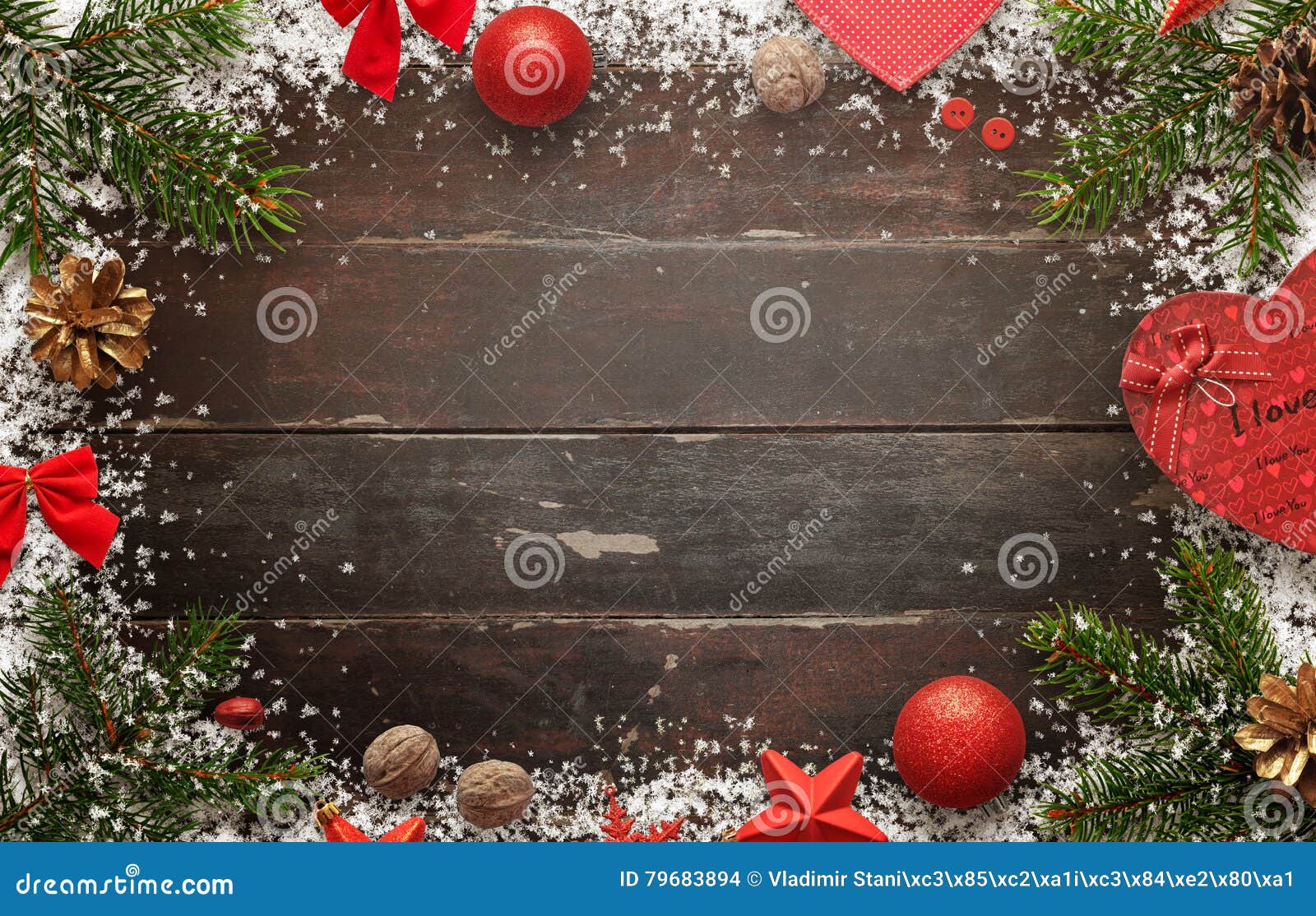 Wooden Table with Christmas Decorations. Top View of Board with Free ...