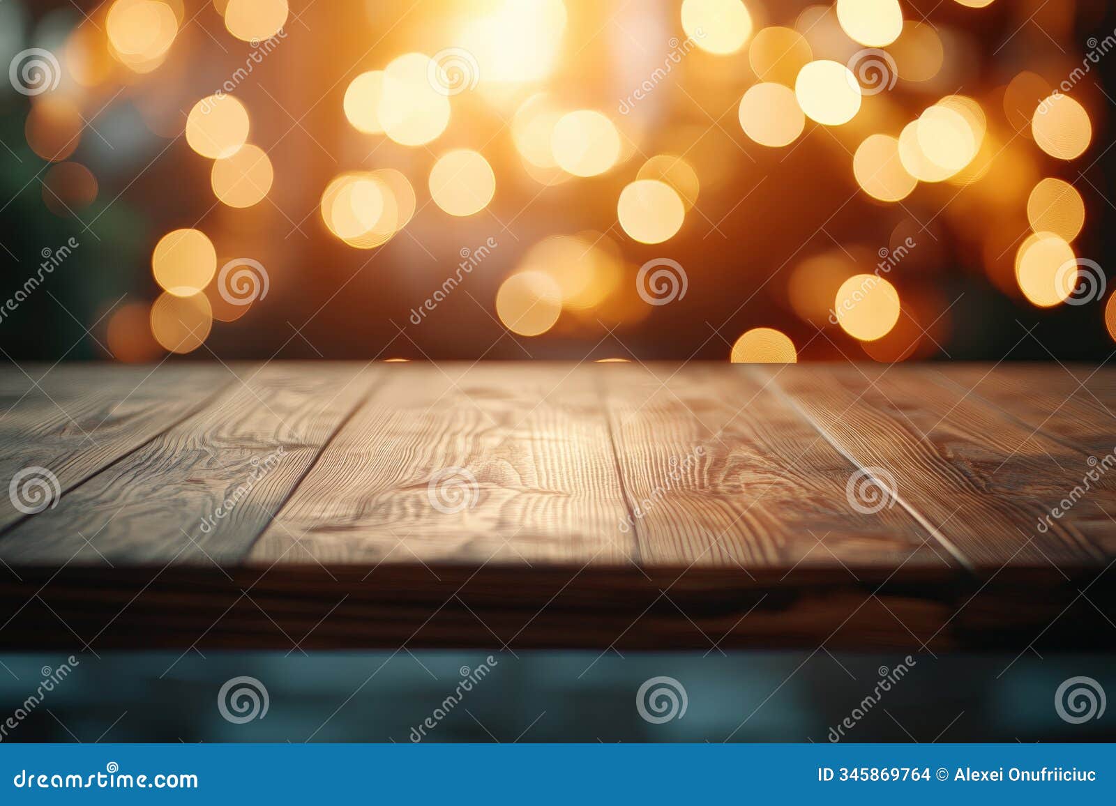 a wooden table with colorful christmas lights in the background