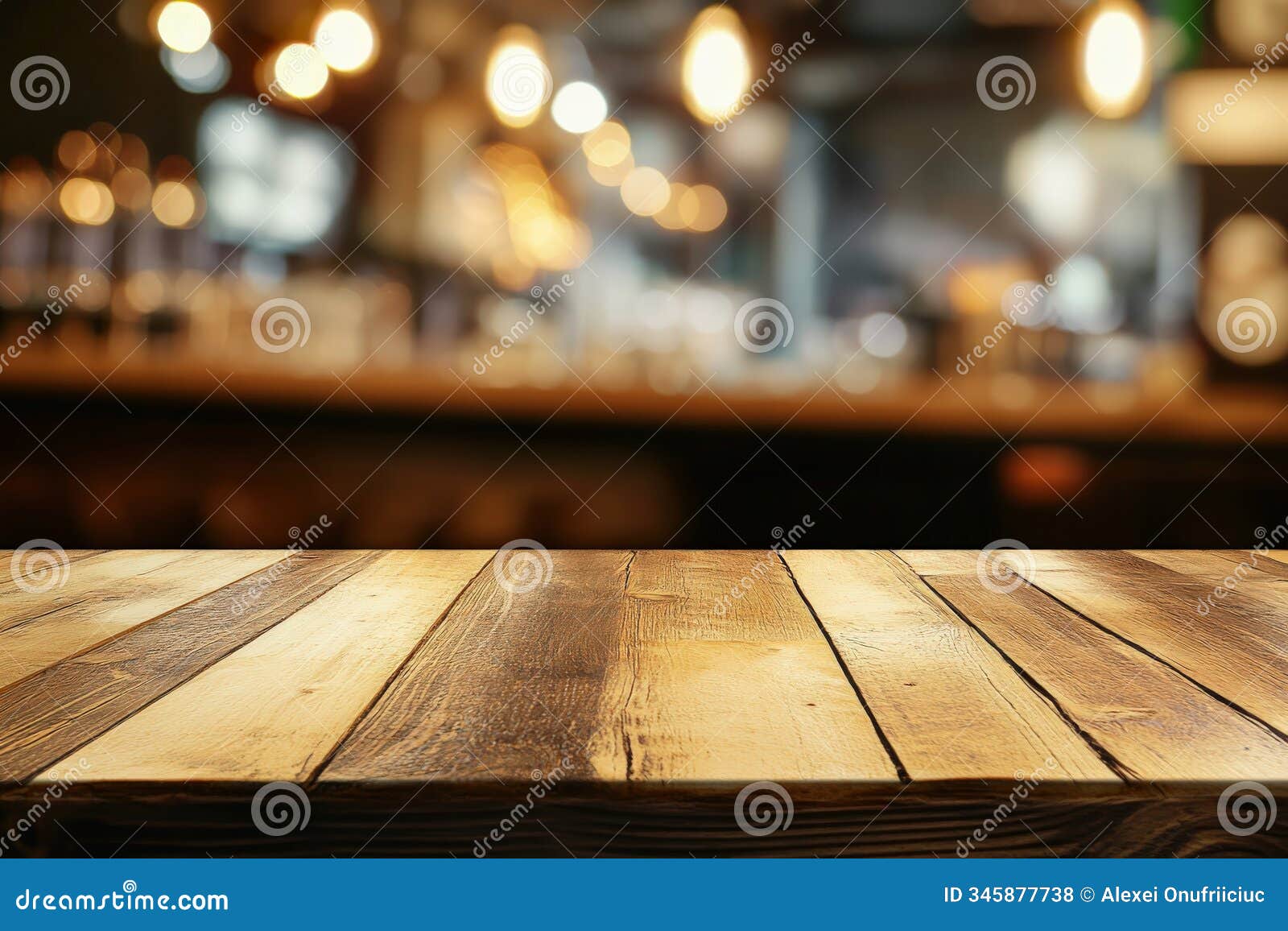 a wooden table with colorful christmas lights in the background