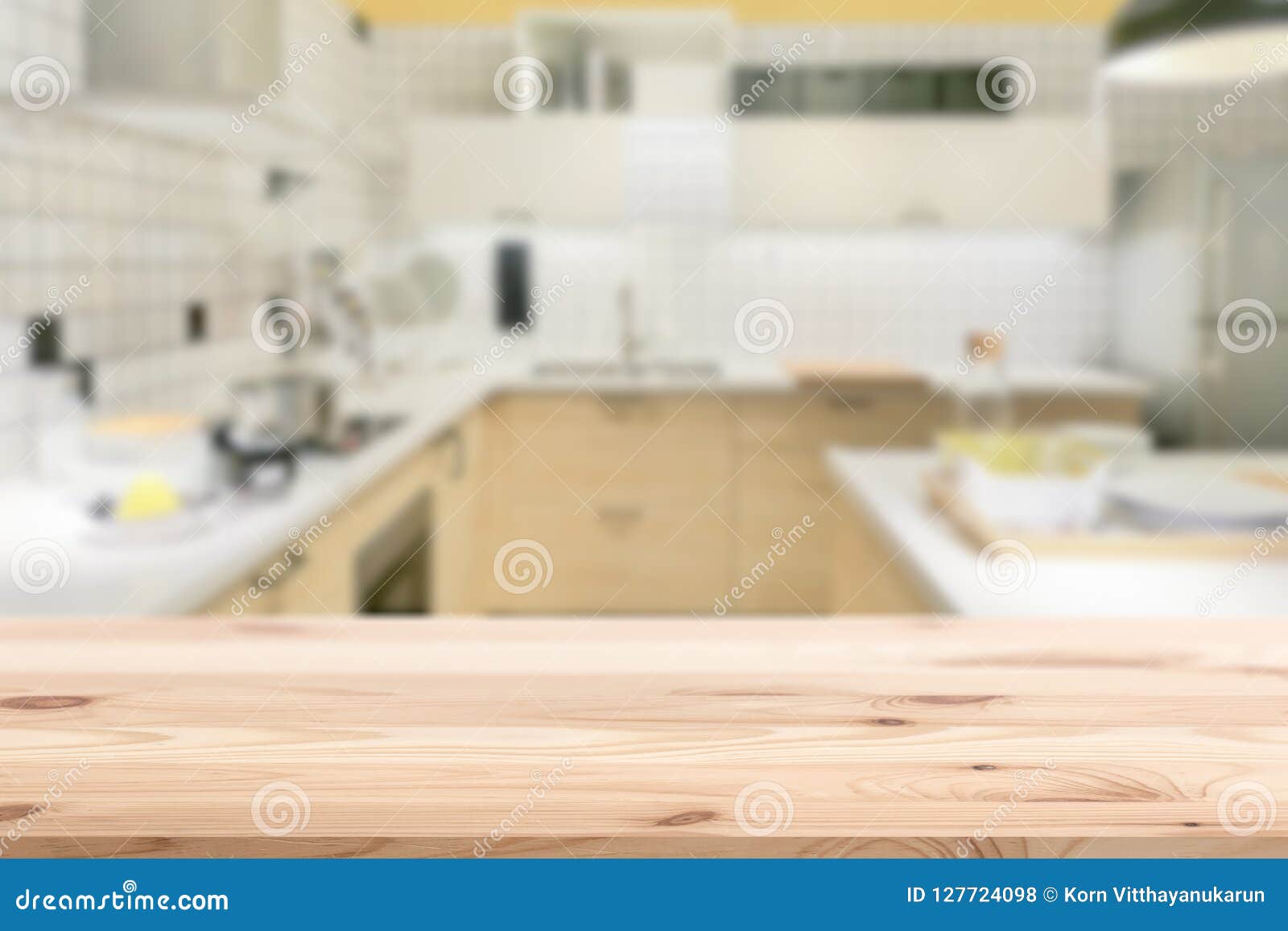 Wooden Table Counter with Blur Kitchen for Montage Stock Photo - Image ...