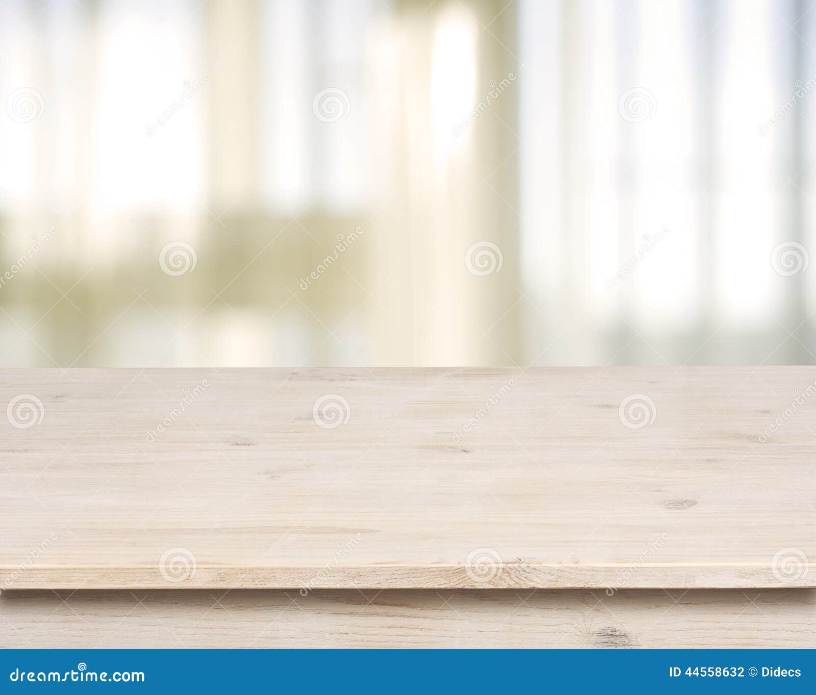 wooden table on defocuced window with curtain background