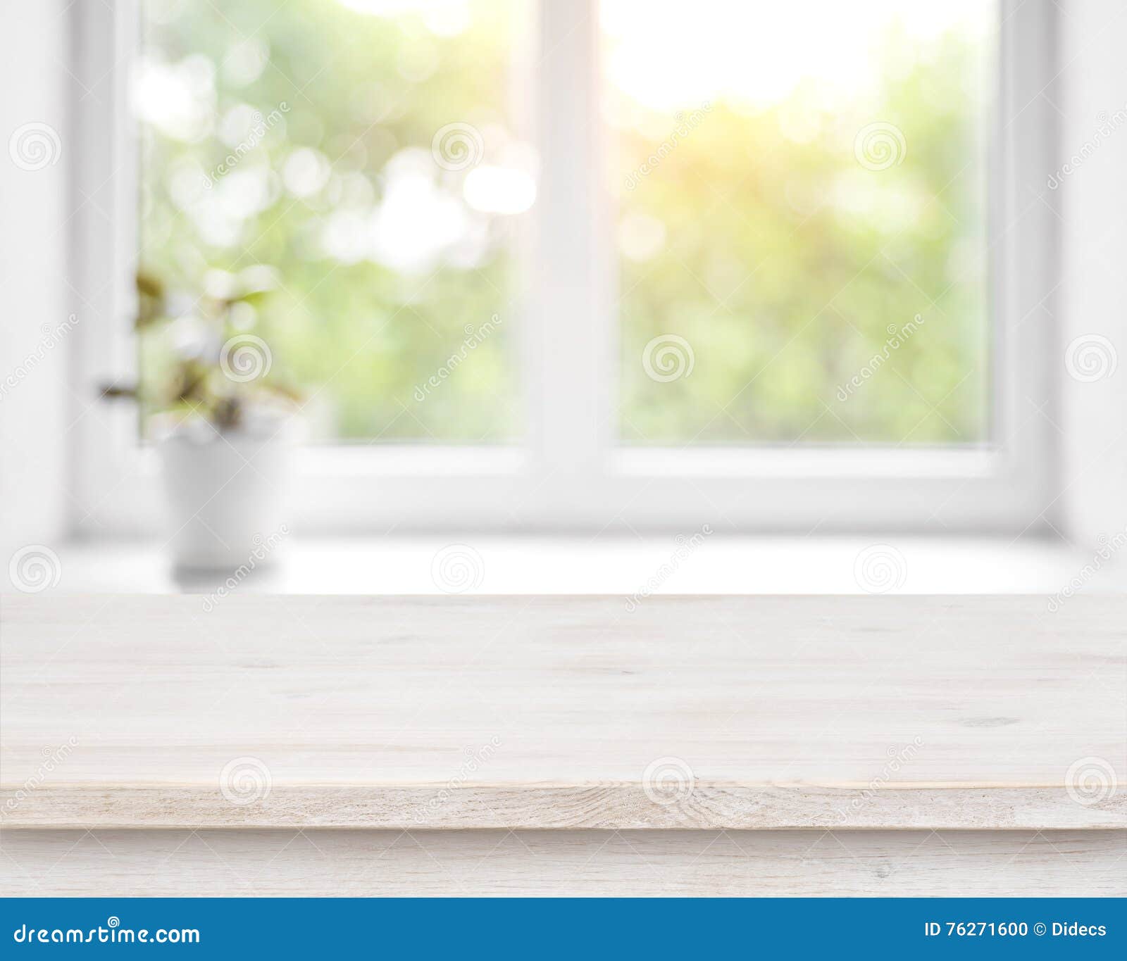 wooden table on defocused summer window with flower pot background
