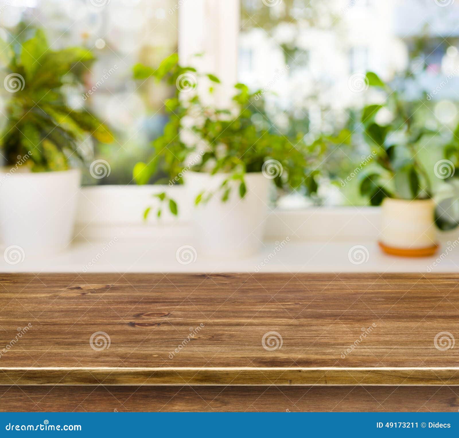 wooden table on defocused windowsill background
