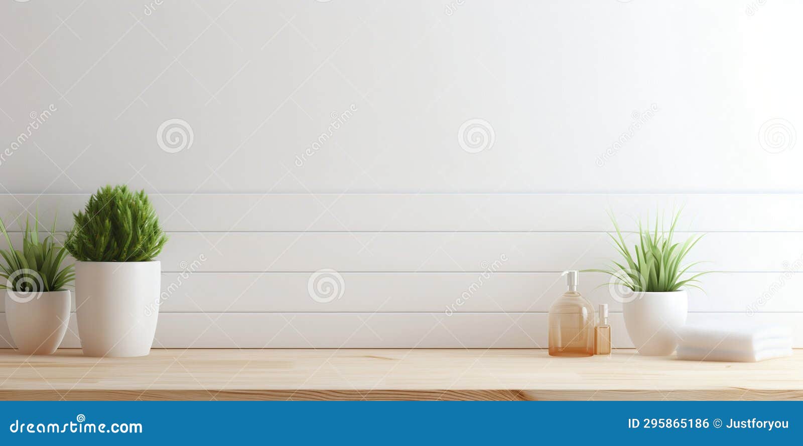 Wooden Table Display in Pristine White Bathroom Interior. Generative Ai