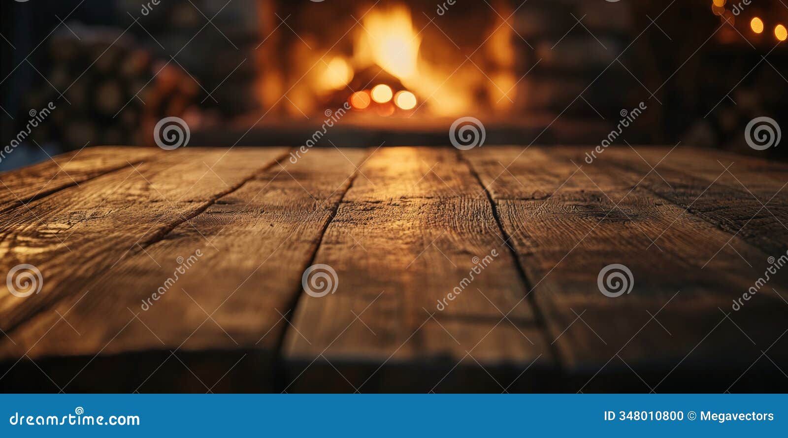 wooden table in front of a glowing fireplace with bokeh lights and christmas decorations. a cozy and warm holiday scene