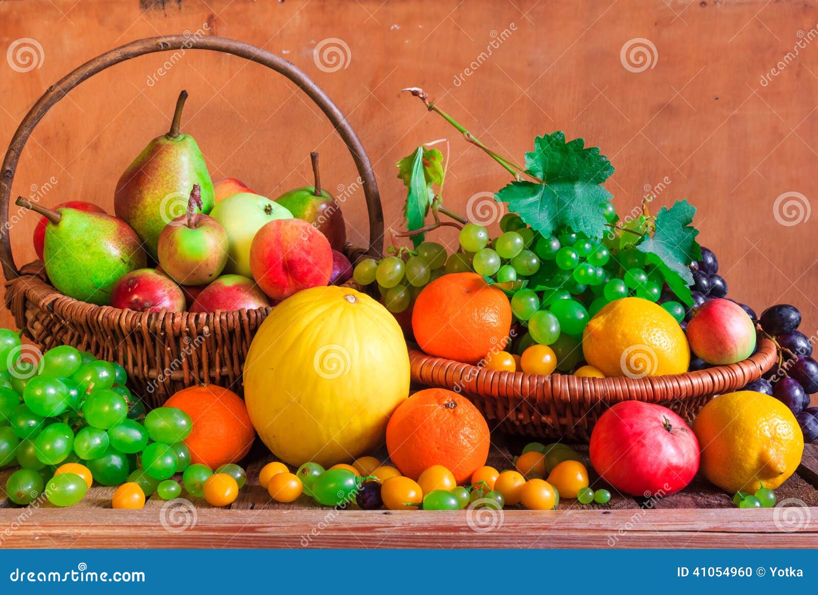 Wooden Table Full Fresh Fruit Baskets Stock Photo Image of