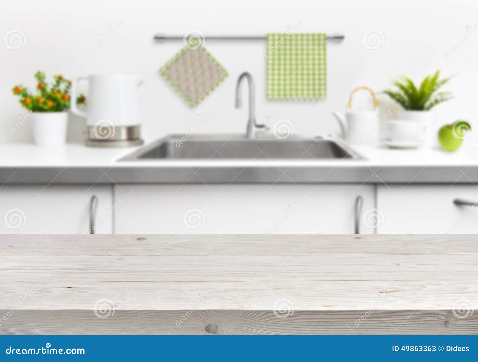 Wooden Table On Kitchen Sink Interior Background Stock Image