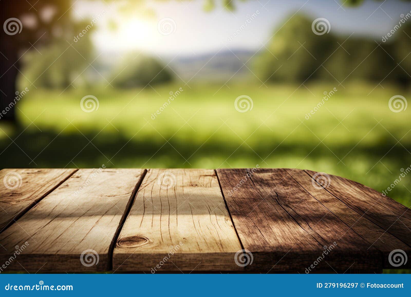wooden table for picinic, green nature grass and trees background - generative ai
