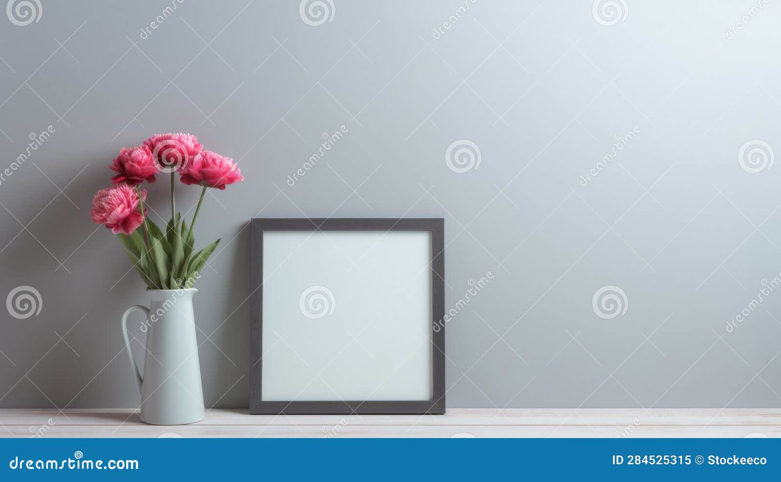 minimalist grey table with pink flowers and empty frame