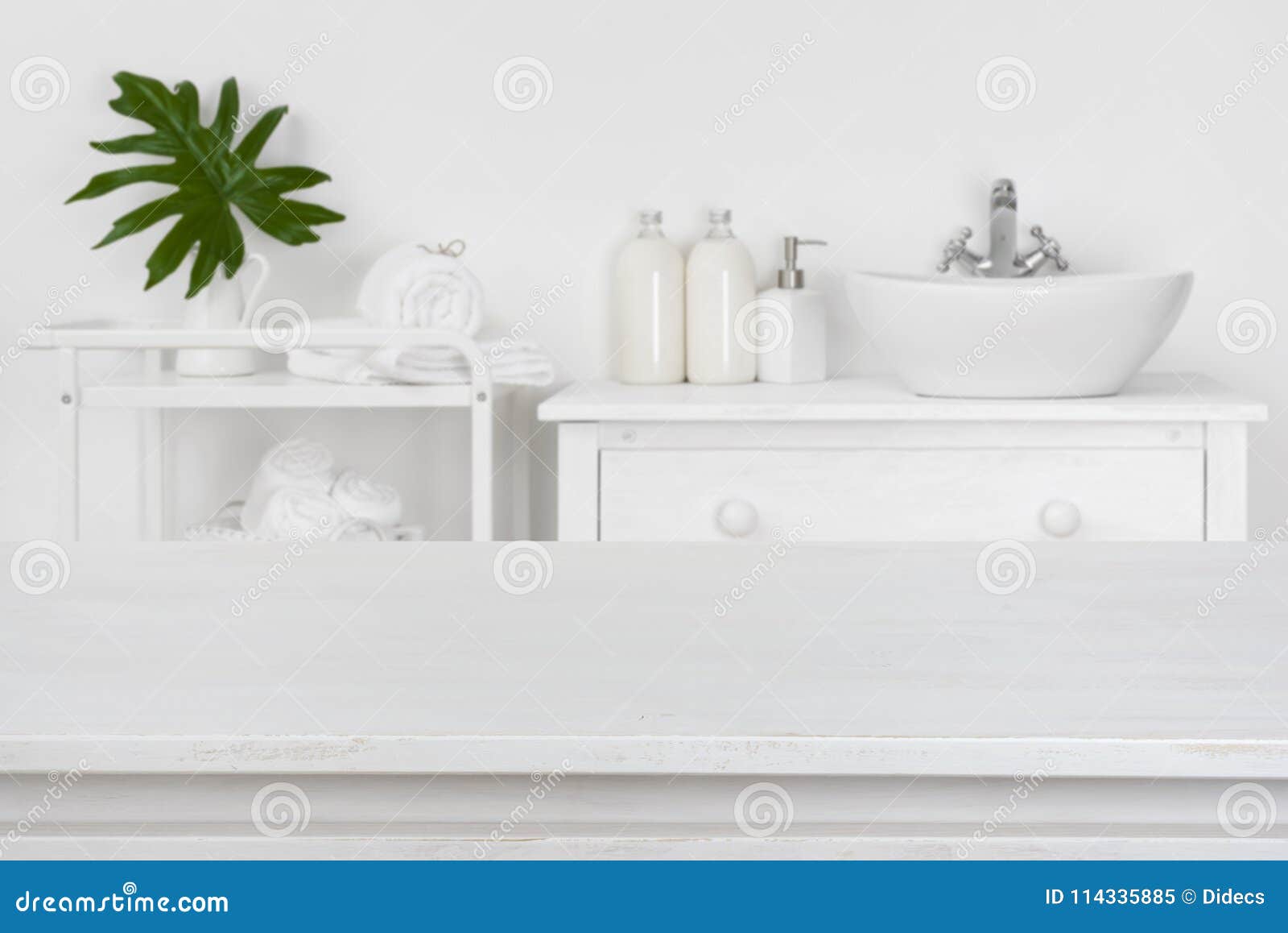 Wooden Table Top with Blurred Bathroom Interior for Product Display