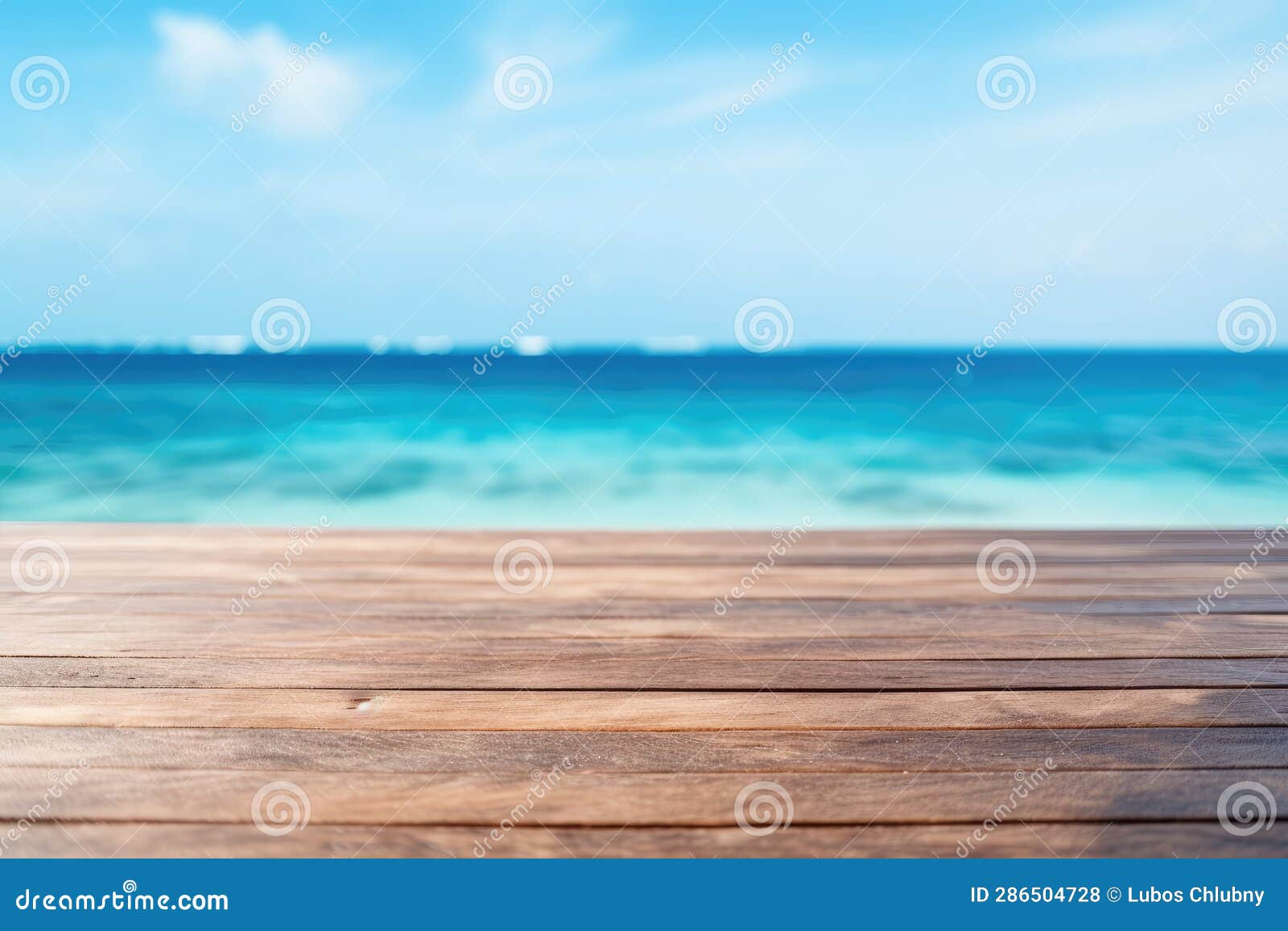 Wooden Table Top on Blurred Blue Sea Background Stock Illustration