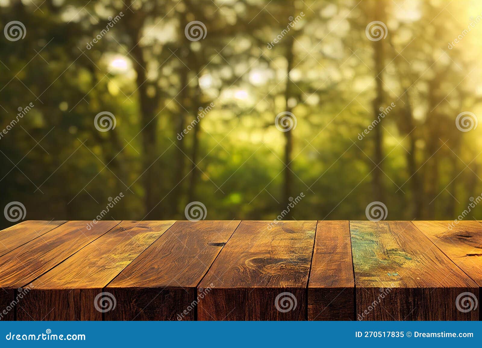 A Wooden Table Top with a Blurry Background of Trees in the Background