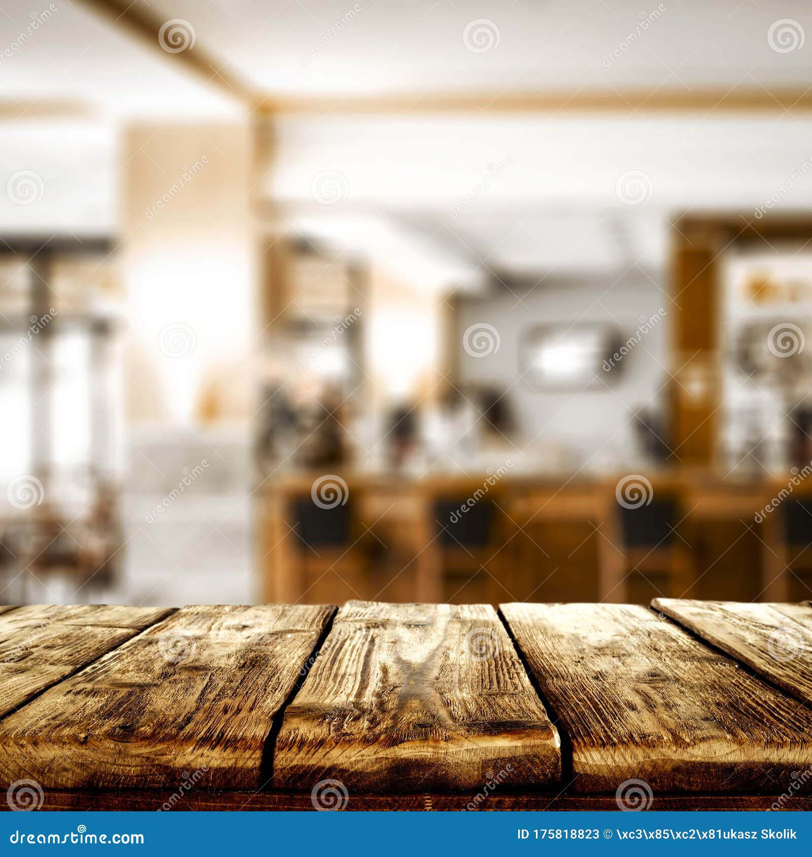 Wooden Table Top with Free Space and Blurred Background of Restaurant.  Stock Image - Image of bright, desk: 175818823