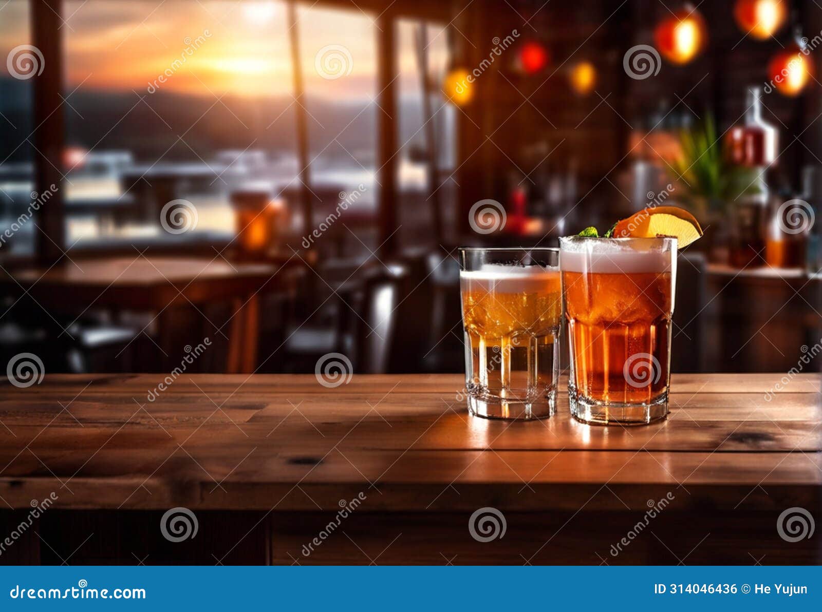 wooden table with a view of blurred beverages bar backdrop