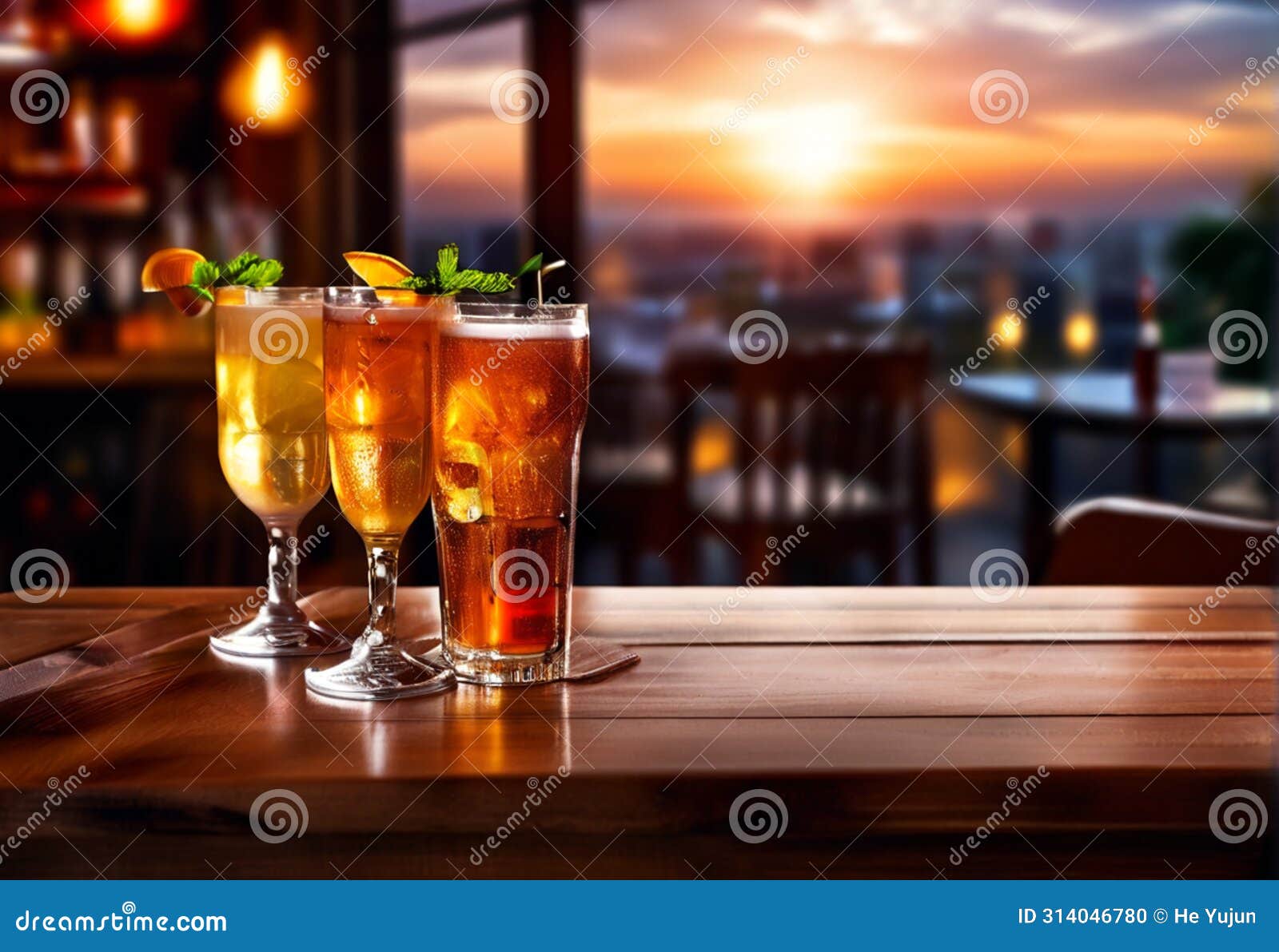 wooden table with a view of blurred beverages bar backdrop