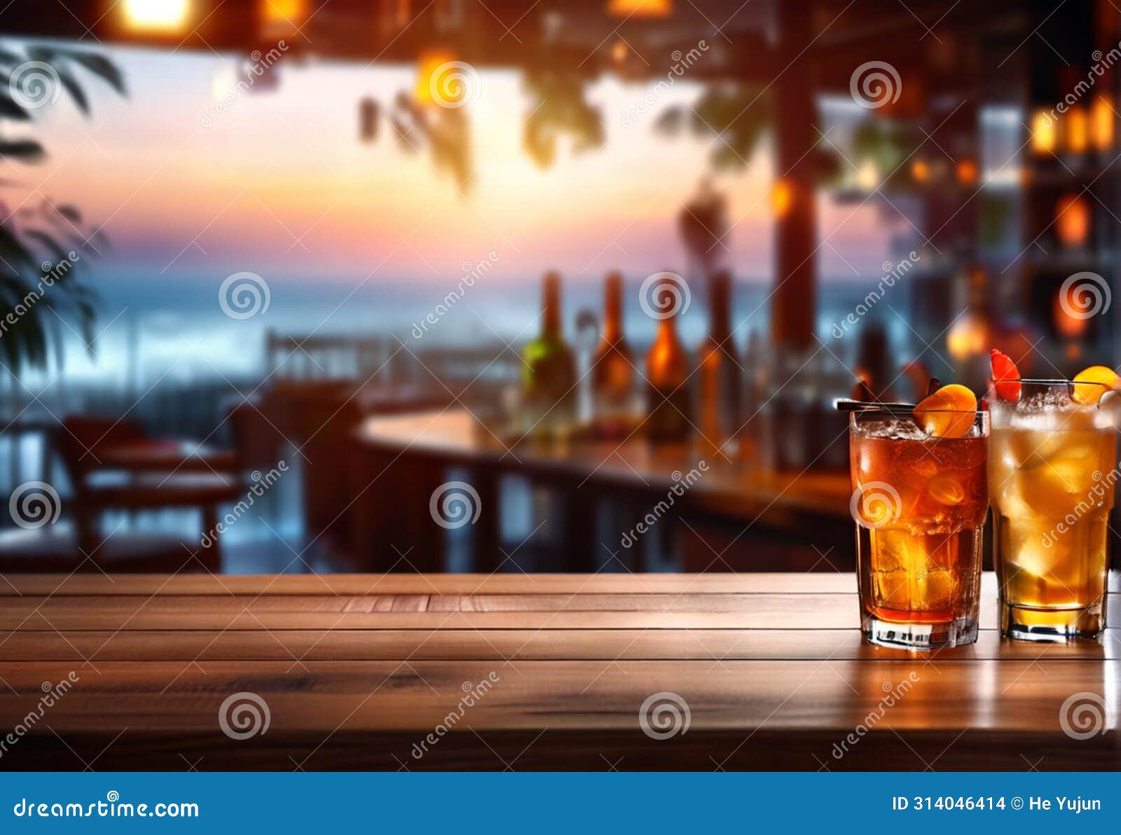 wooden table with a view of blurred beverages bar backdrop