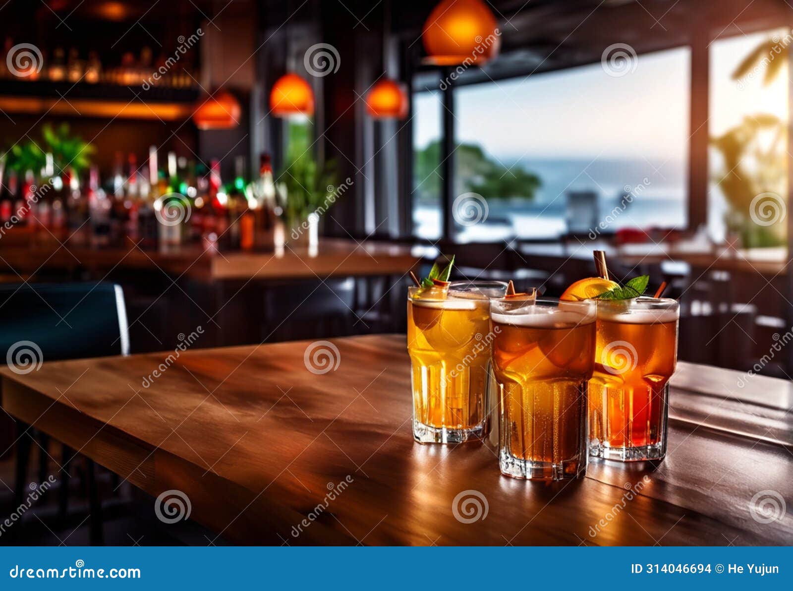 wooden table with a view of blurred beverages bar backdrop