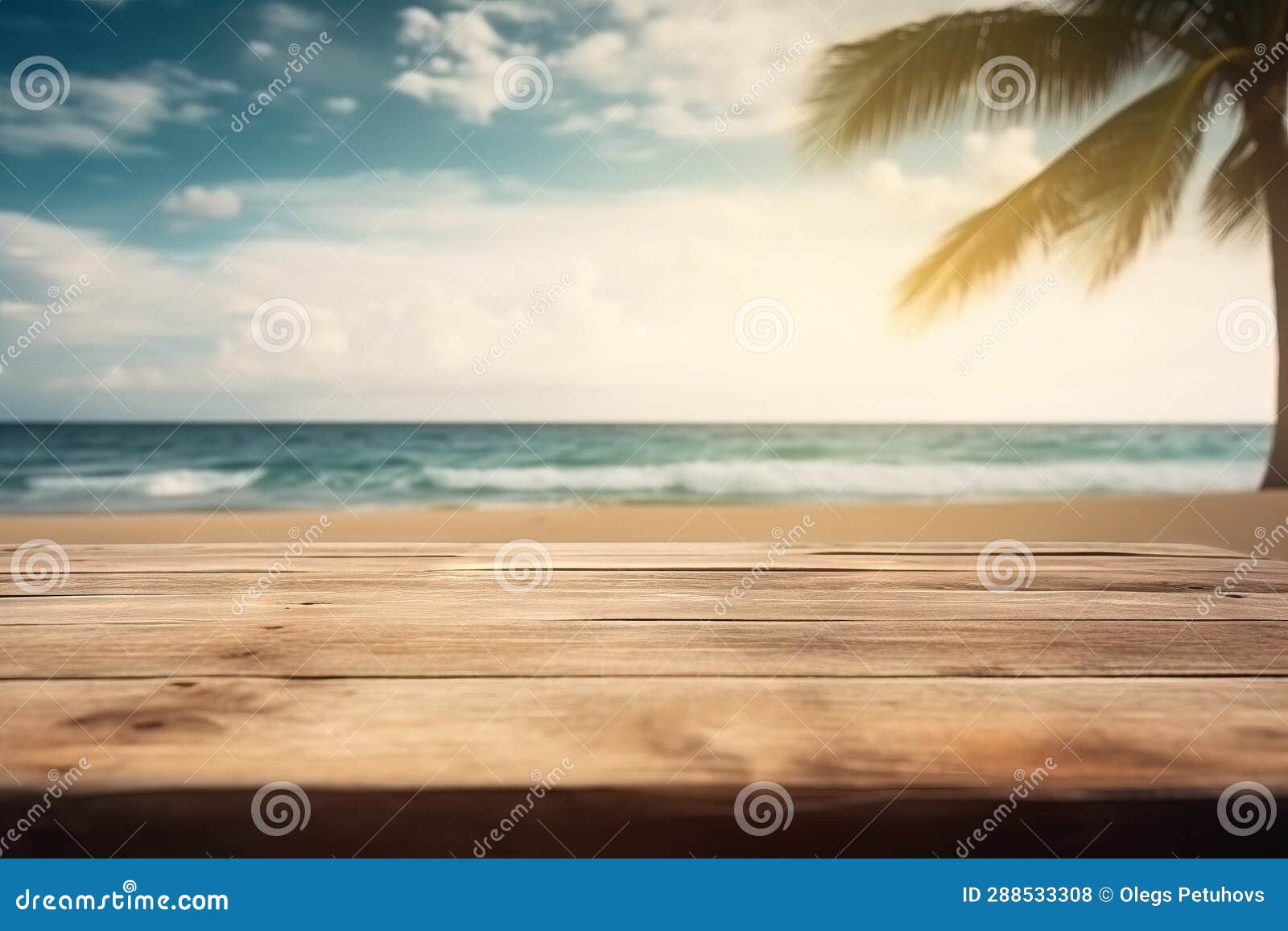 A Wooden Table with a View of the Ocean and a Palm Tree in the