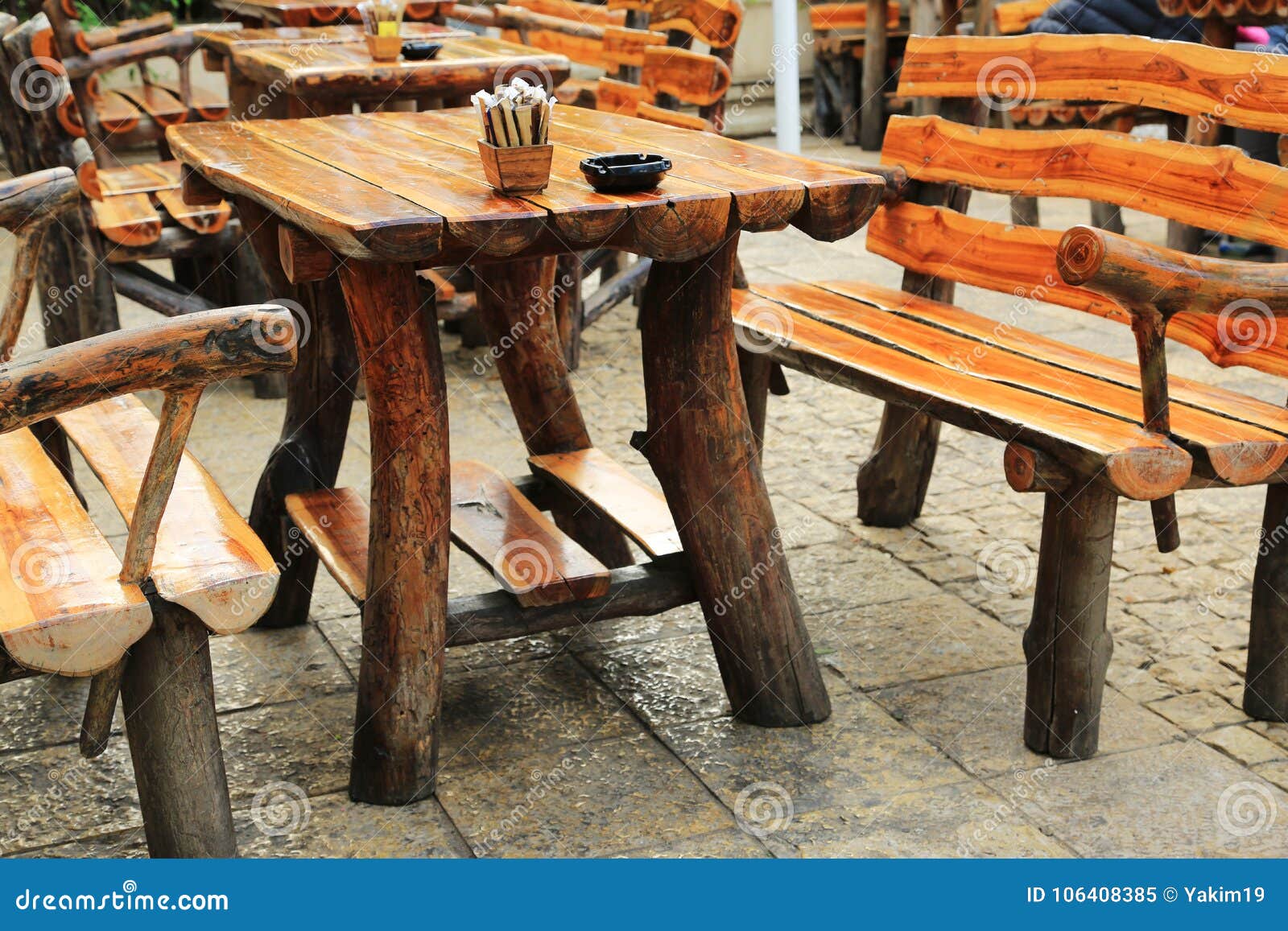 Wooden Tables And Benches From Logs Stock Image Image Of