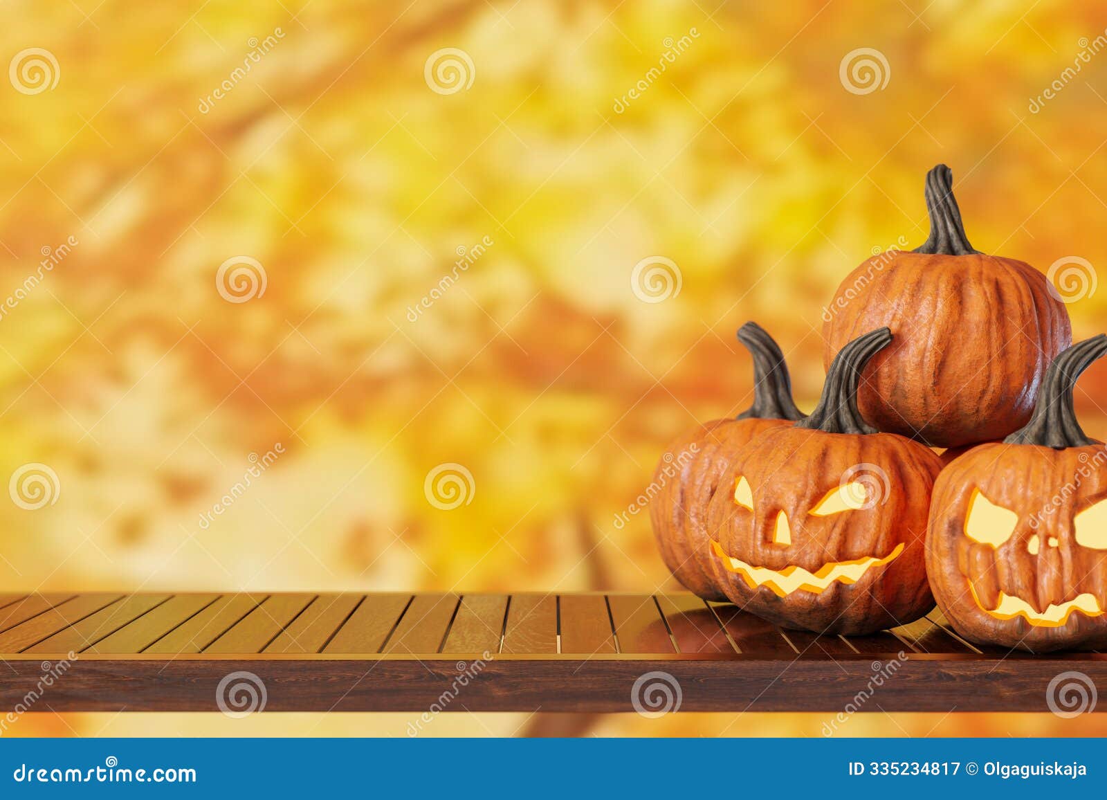 wooden tabletop with empty space for product display and pumpkins, on warm autumn background. halloween theme. mock up