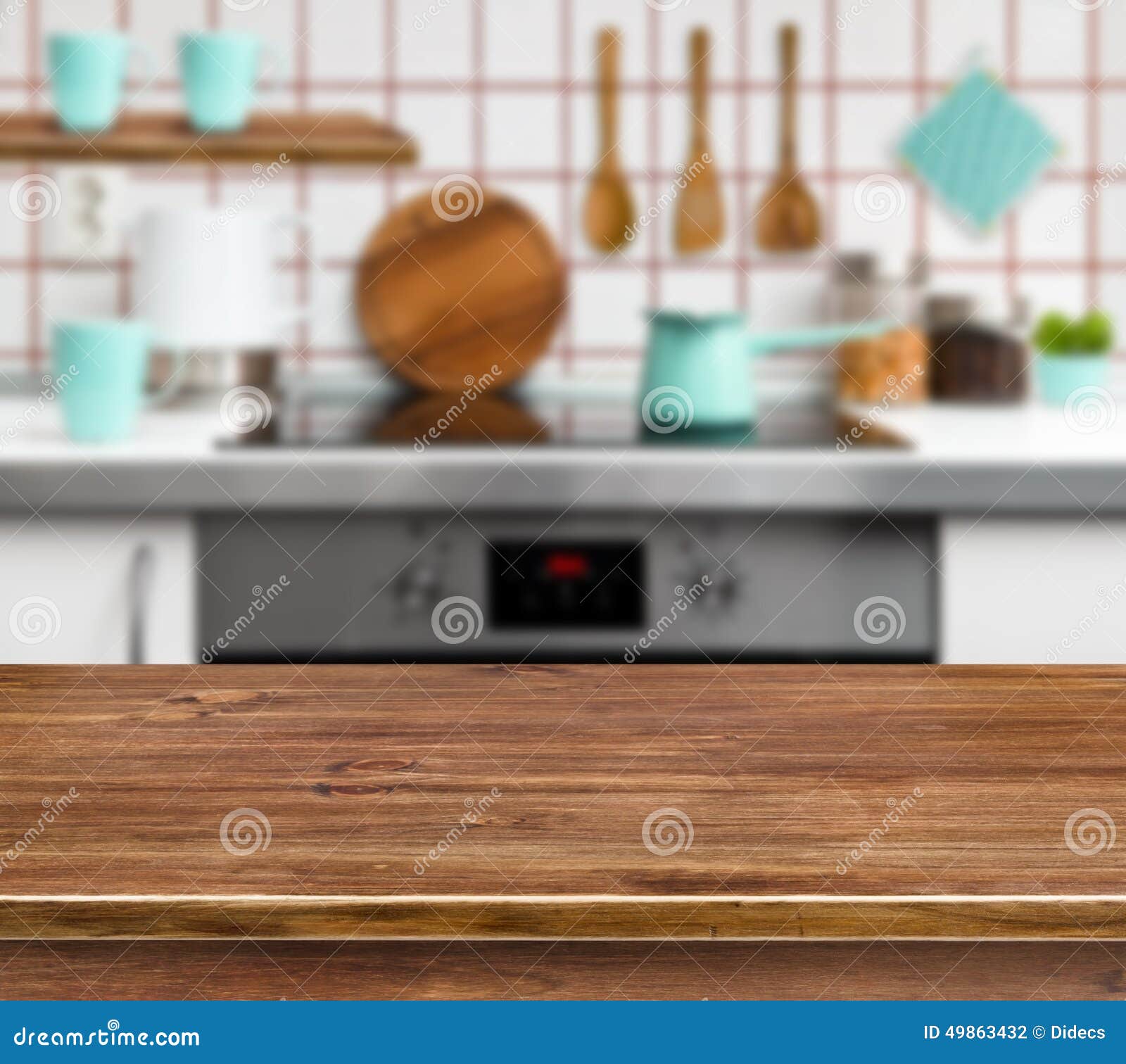 Wooden Texture Table on Defocused Modern Kitchen Background Stock Photo ...