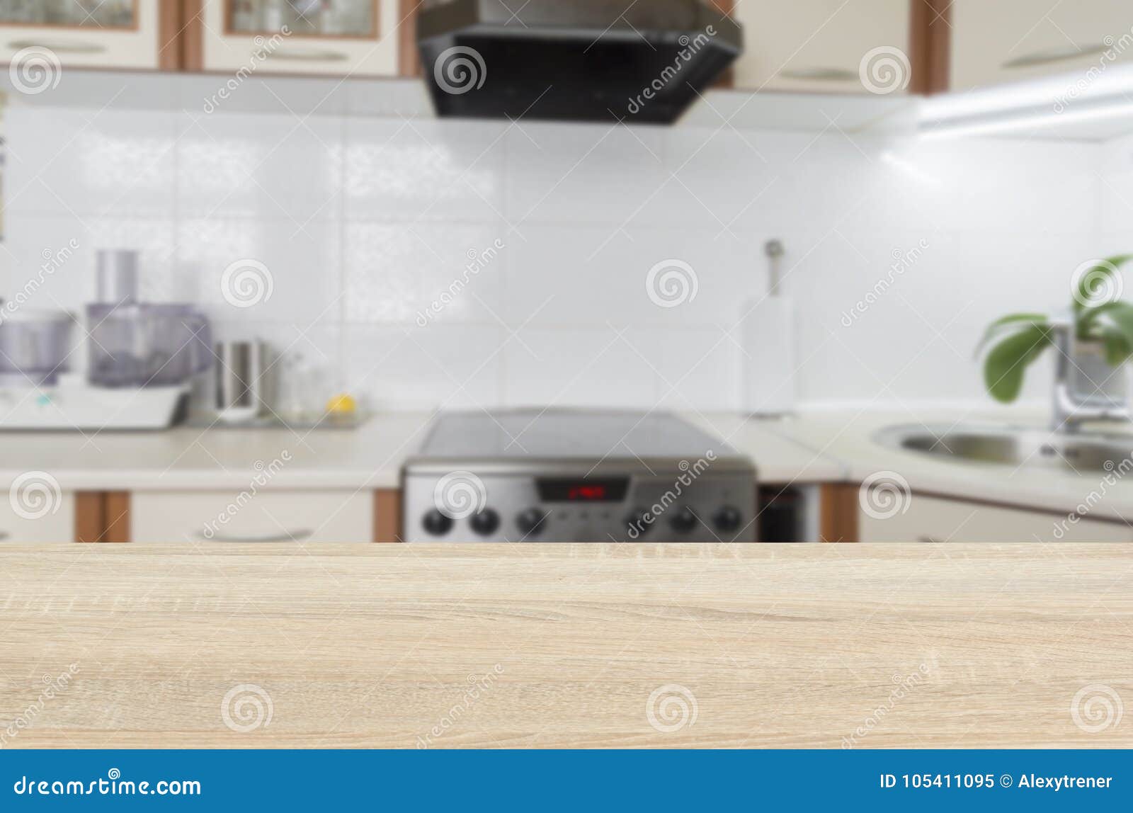 Wooden Textured Table Over Blurred Kitchen Interior Background Stock ...