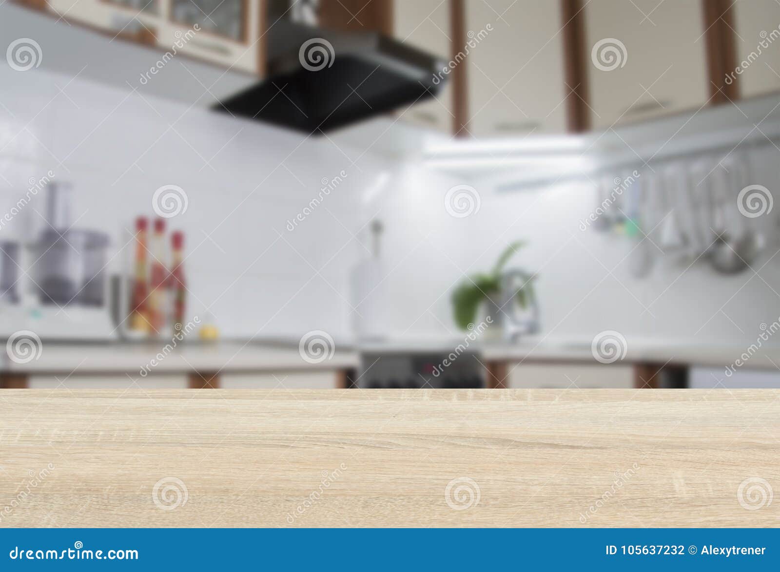 Wooden Textured Table Over Blurred Kitchen Interior Background Stock ...