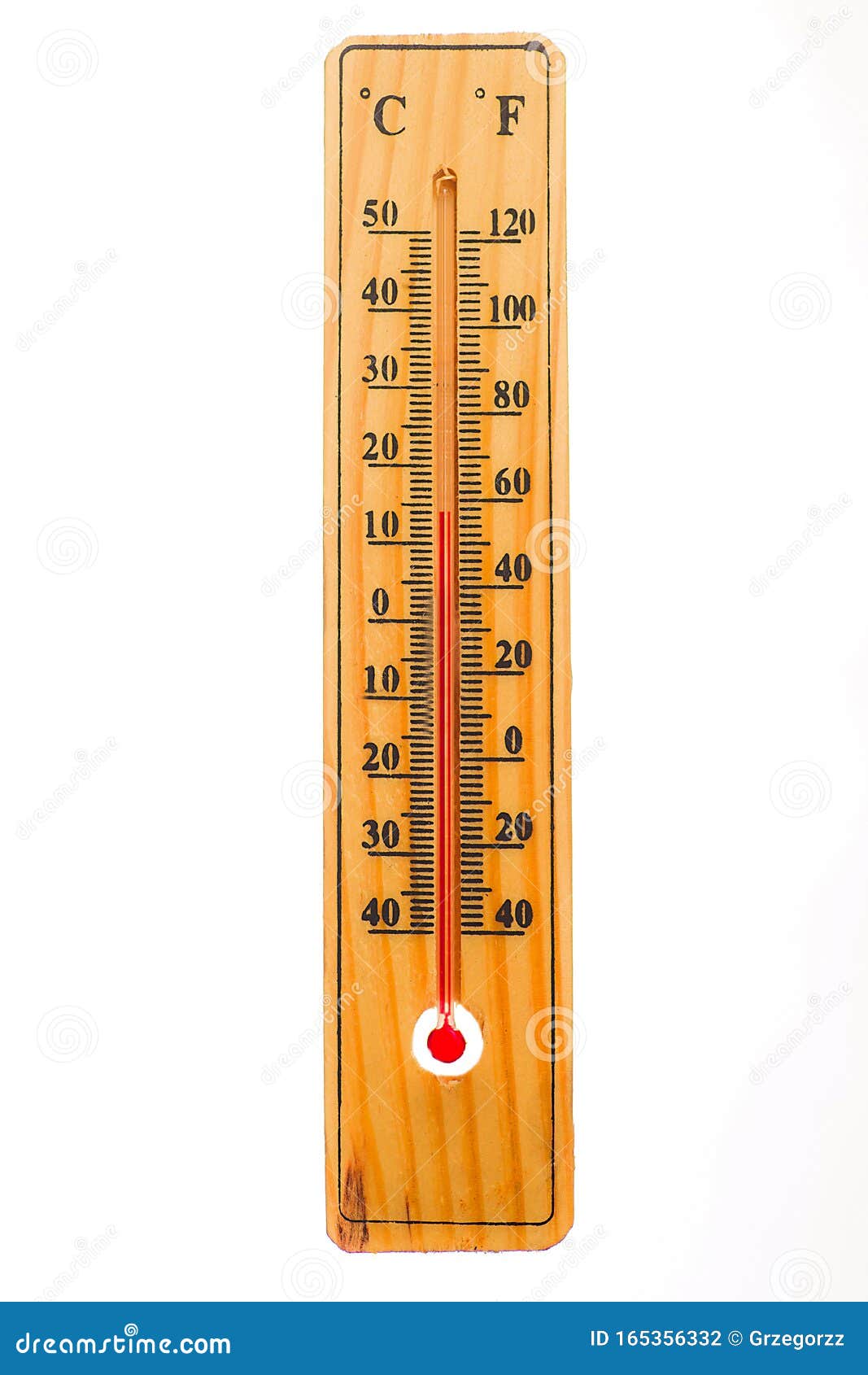 wooden celsius fahrenheit thermometer over white, Stock image