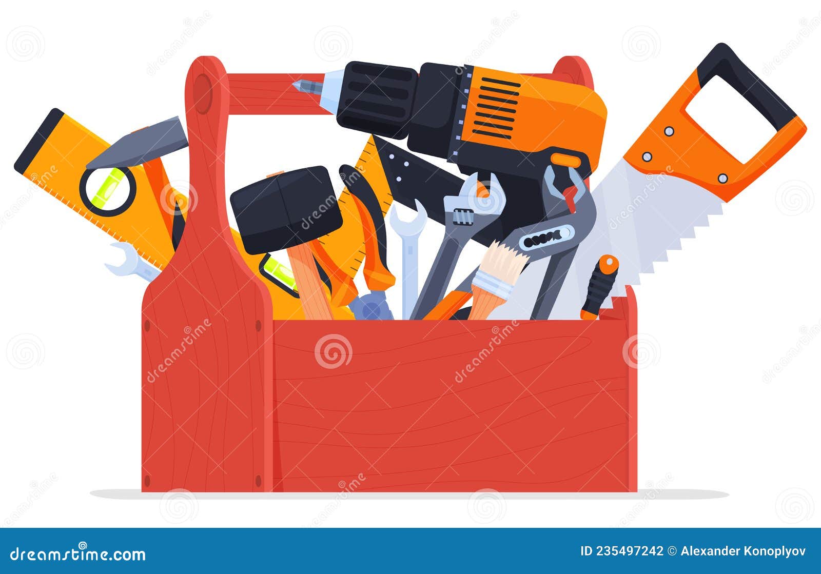 wooden toolbox full of repair or construction instrument  flat cartoon 