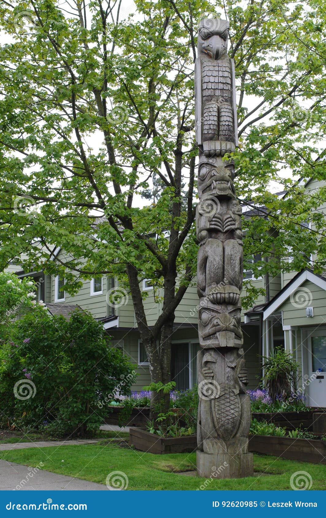 wooden totem pole in front of residential houses