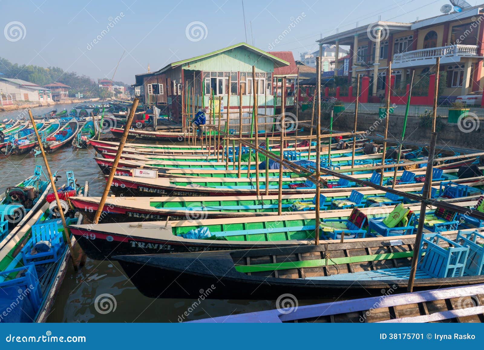 wooden tourist boats on inle lake, myanmar burma