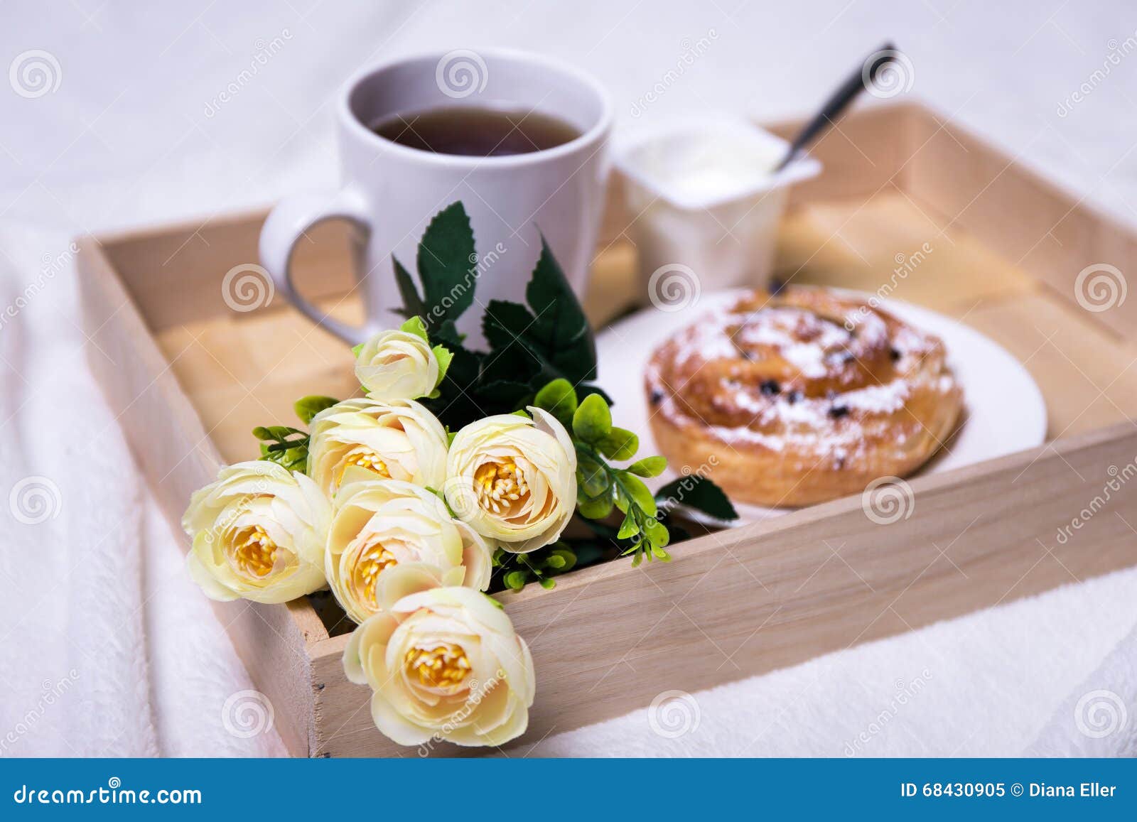 Wooden Tray with Breakfast and Flowers Stock Image - Image of ...