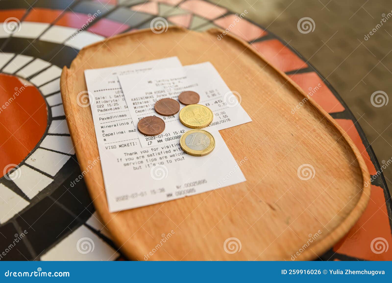 Wooden Tray In A Cafe With A Bill For Payment And Change In Euro Coins sterling-logo-symbol-meaning-history-png-brand
