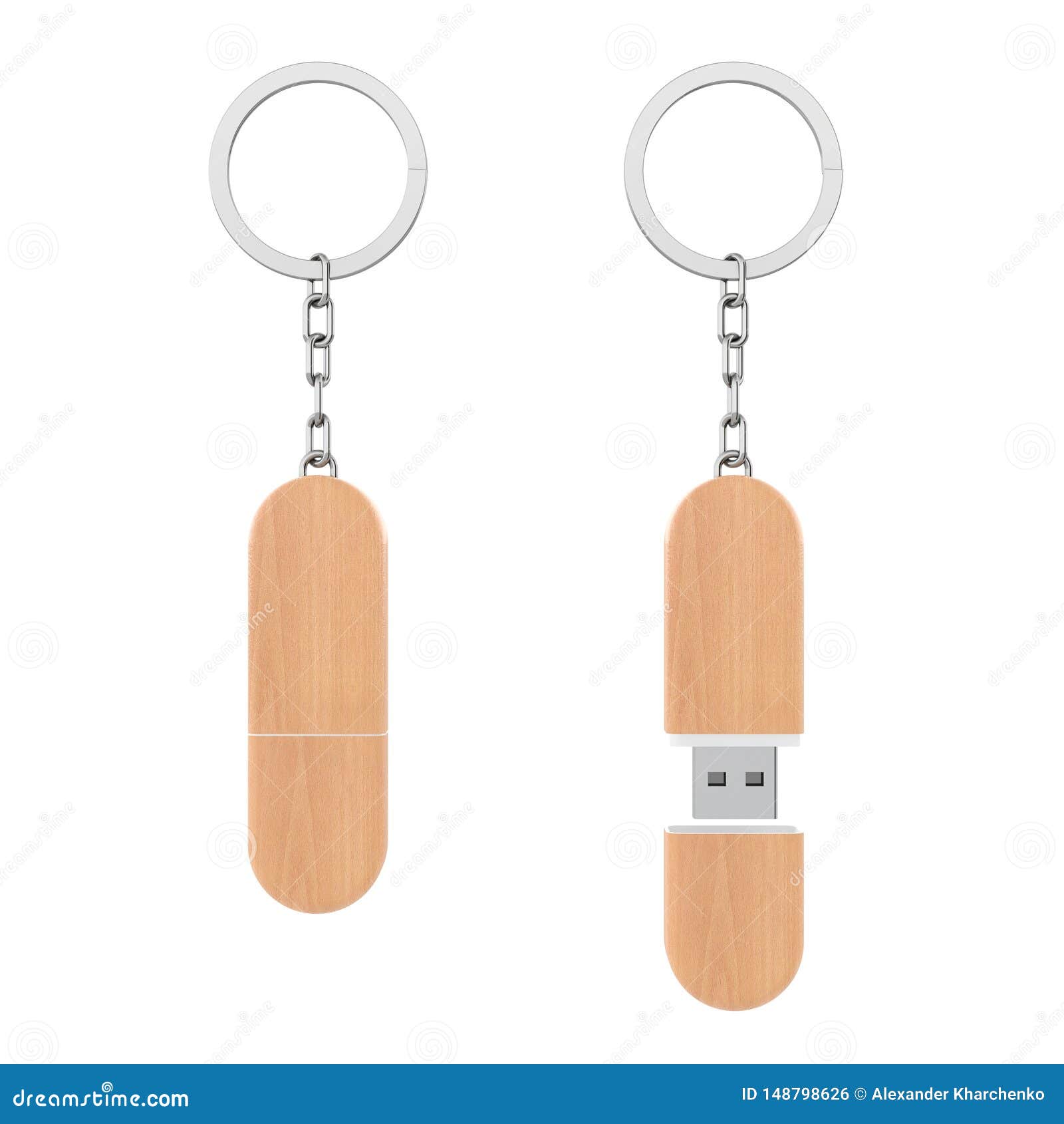 Wooden USB Flash Memory Drive Key Chain Mockup. 3d Rendering Stock