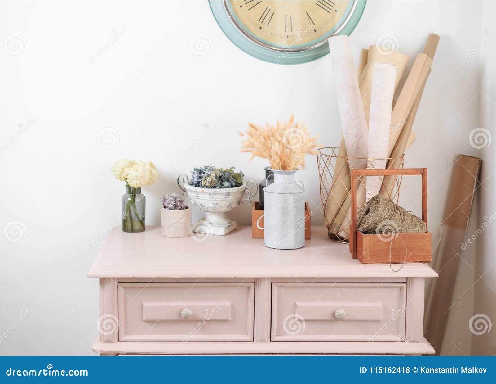 Wooden Vintage Pink Dresser Decoration In Flower Shop Stock