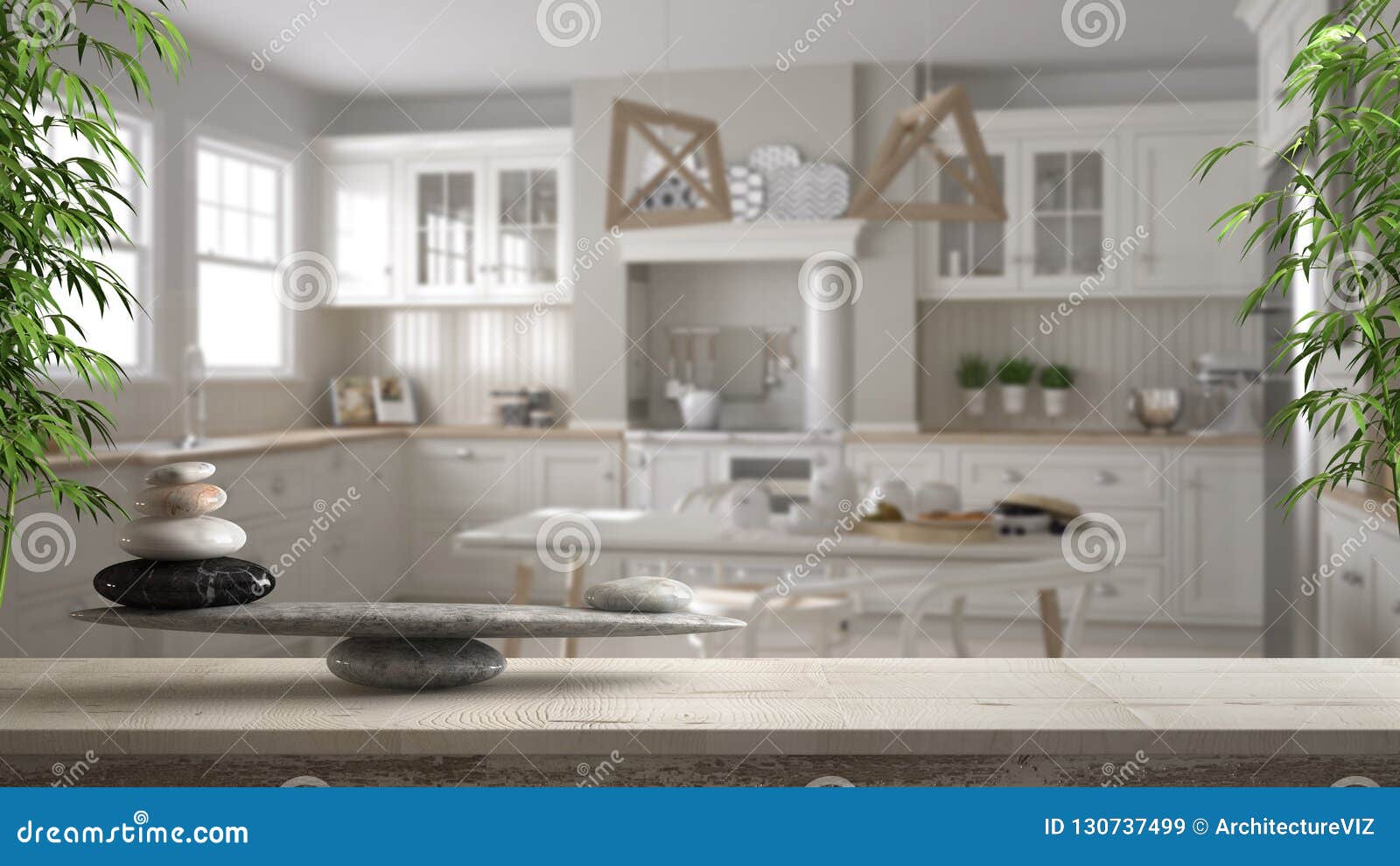 wooden vintage table or shelf with stone balance, over blurred scandinavian white kitche with dining table, feng shui, zen concept