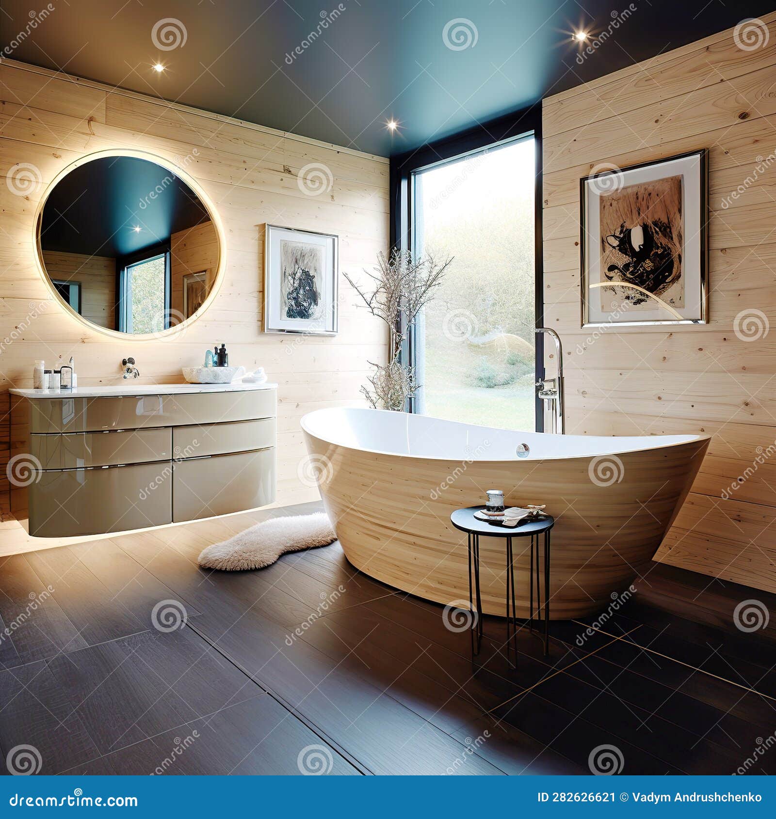Wooden Wall Lining and Black Ceiling in Bathroom. Rustic Style Interior ...