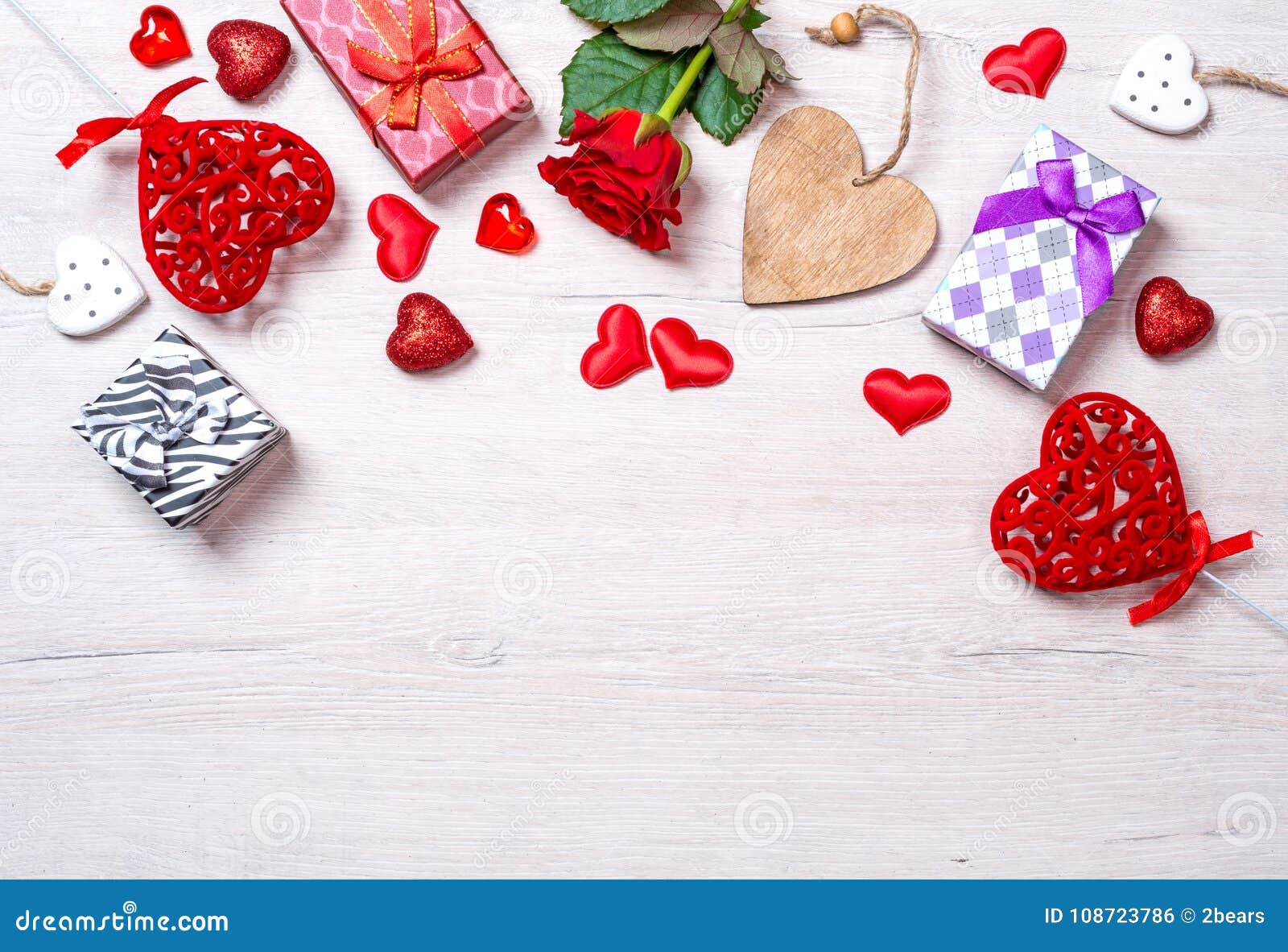 Wooden White Background with Red Hearts, Gifts and Roses Stock Photo ...